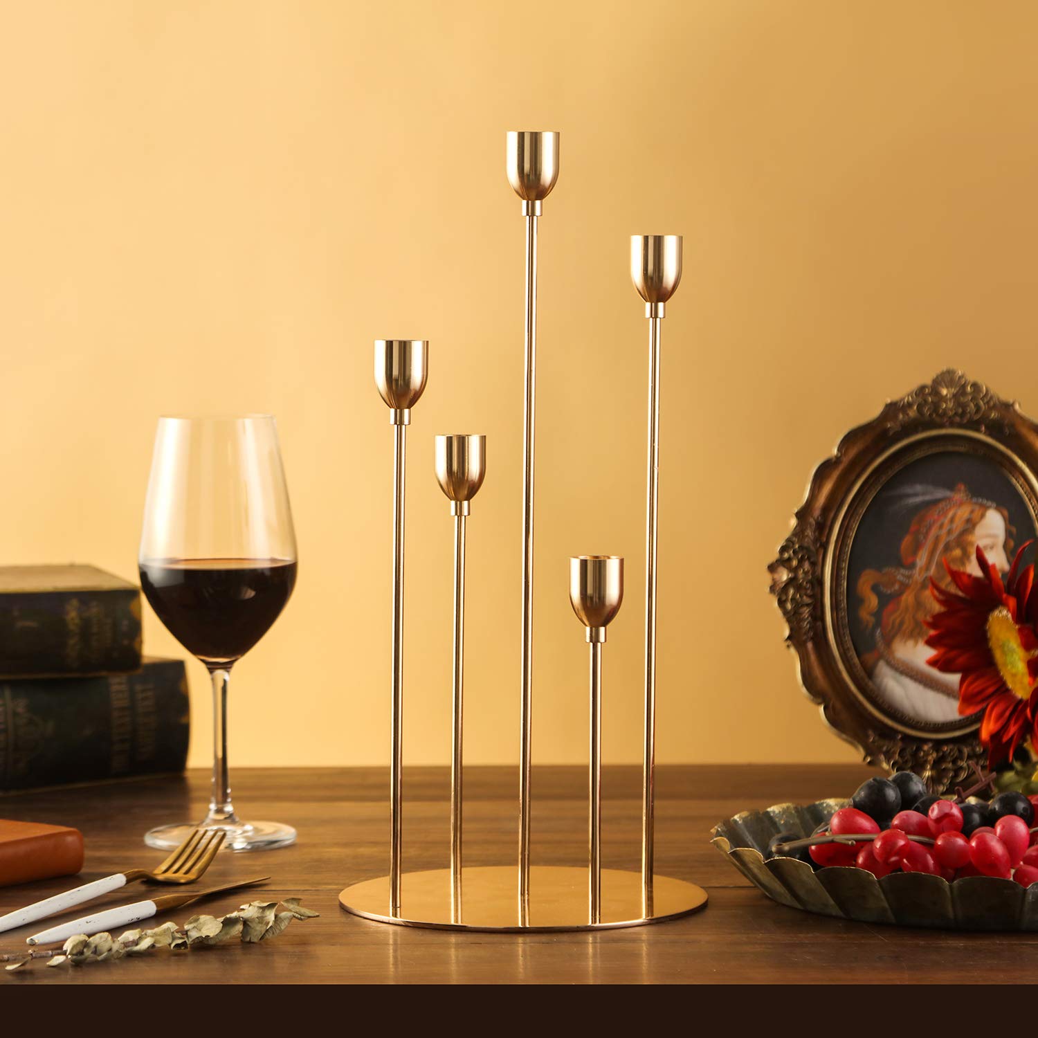 VINCIGANT 8-Piece Gold Taper Candle Holder Set - Elegant 5-Arm Metal Candelabra for Halloween, Weddings & Parties - Fits 0.78