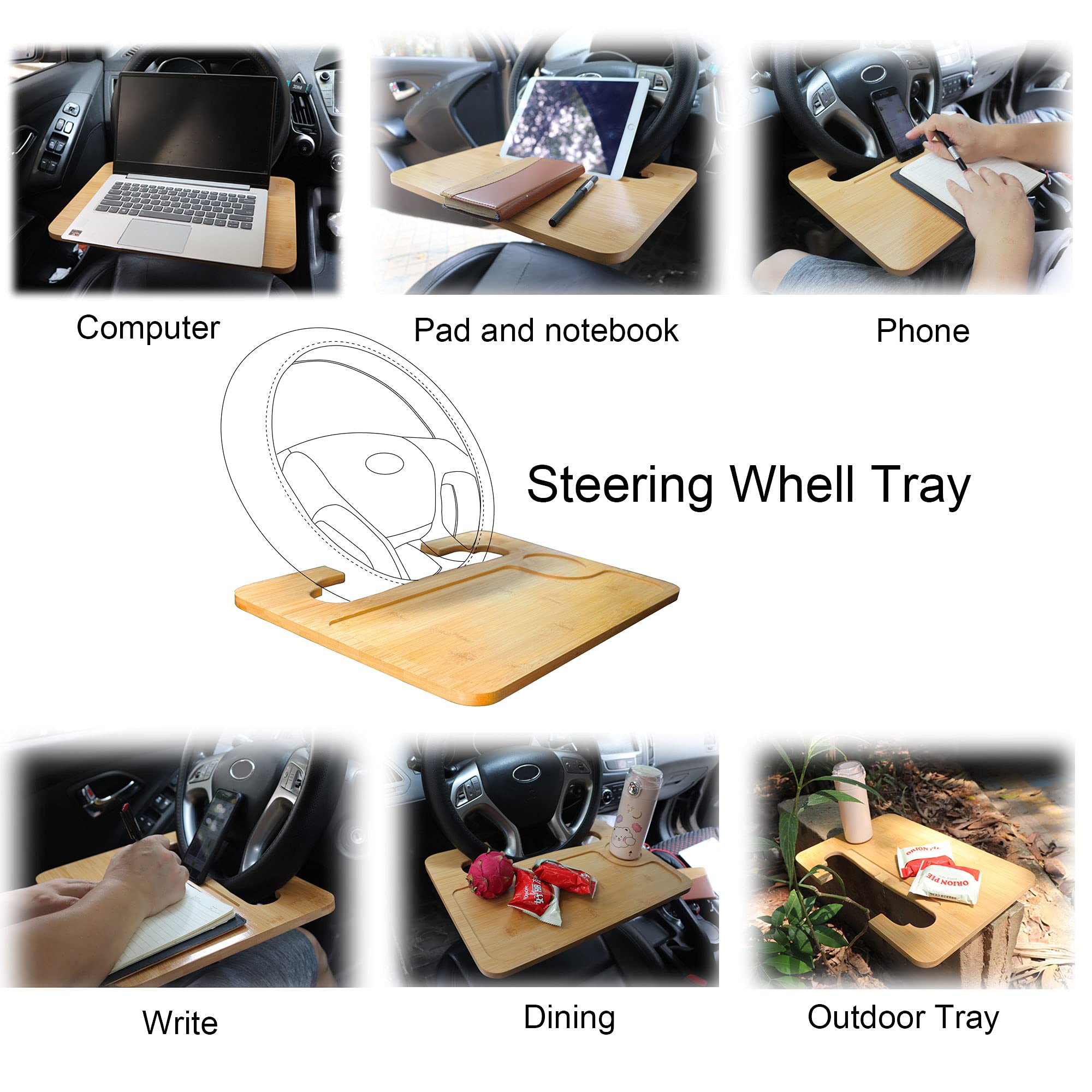 NEWZINIU Bamboo Double-Sided Steering Wheel Tray - Car Dining Table, Laptop Desk for iPad & Notebook | Portable Workstation for Commuting, Road Trips & Office Use
