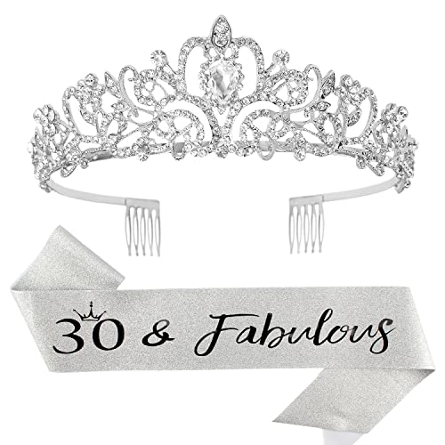 30th Birthday Sash & Tiara Set for Women - Silver '30 & Fabulous' Birthday Decorations, Crown & Party Supplies - Perfect for Milestone Celebrations, Bachelorette Parties & Birthday Photos
