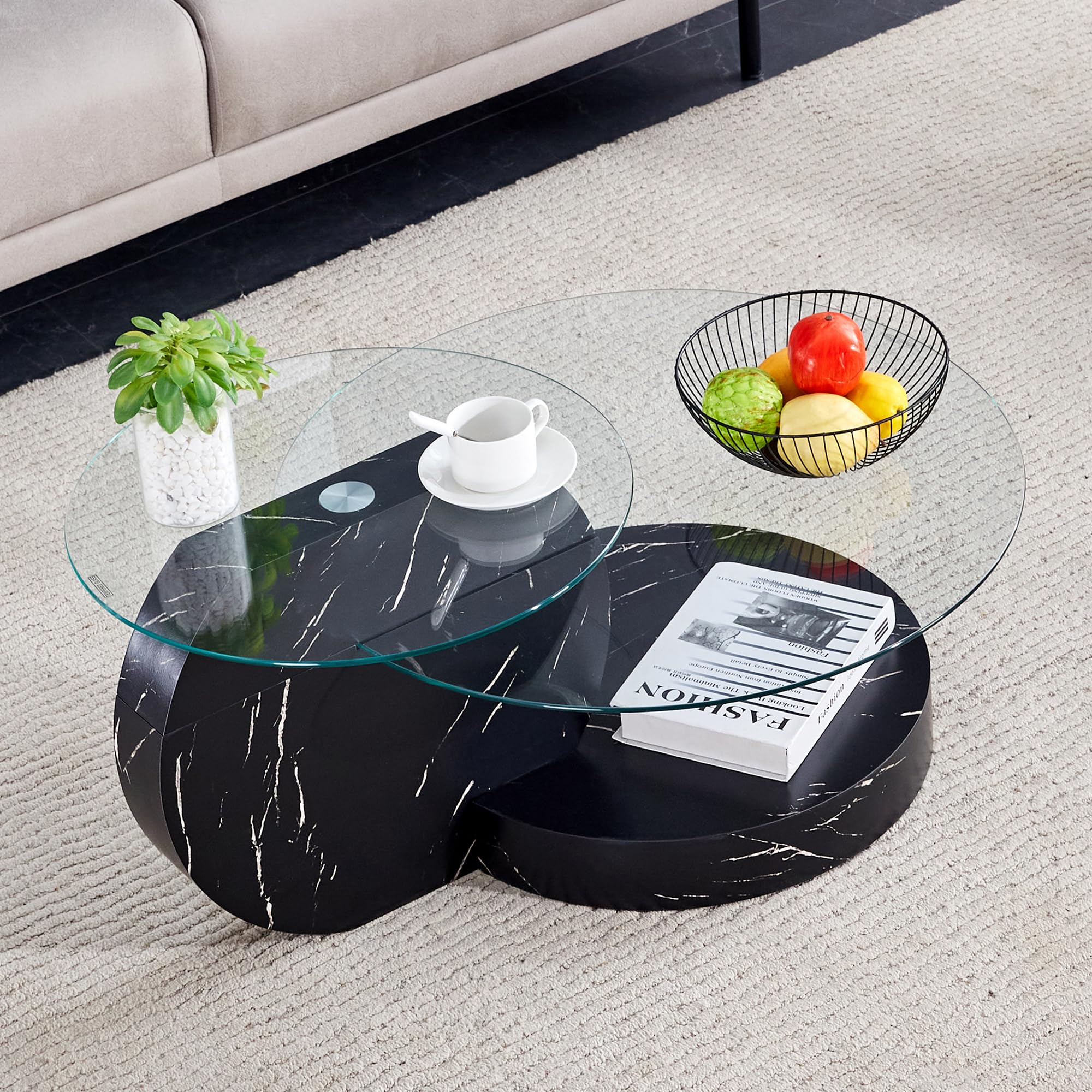 Modern Round Glass Coffee Table - 35.4 Inch Double Layer Black Circle Table for Living Room, Small Space & Home Office | Perfect for Entertaining Guests & Relaxing with Coffee