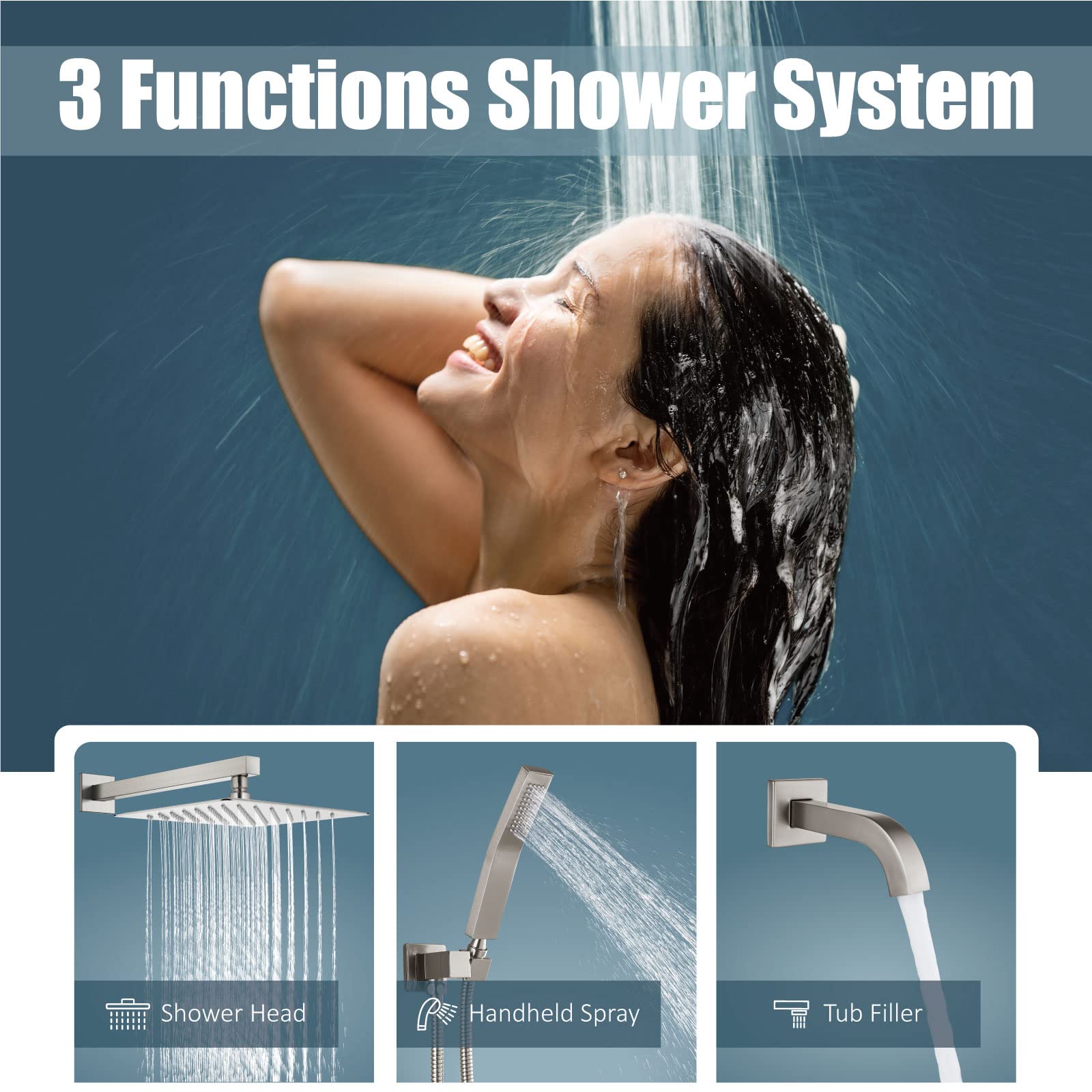 Aolemi 10 Inch Rainfall Shower System Combo Set - Brushed Nickel Wall Mount Shower Head with Handheld Spray, Tub Filler & Rough-in Valve - Luxury Bathroom Shower Mixer Faucet for Spa-Like Relaxation and Modern Home Upgrade