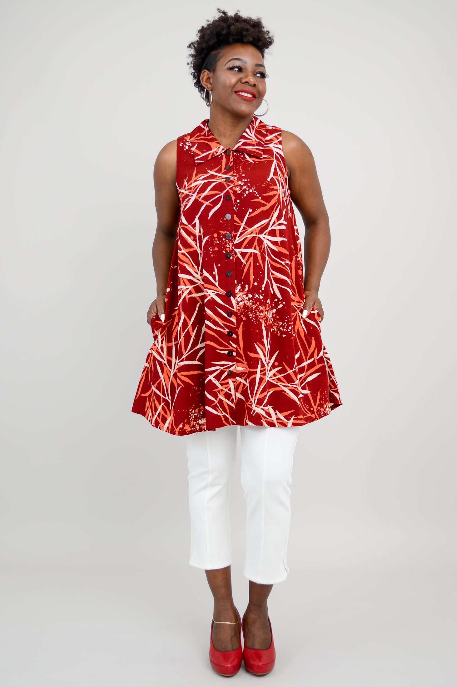 Cissy Tank Top - Women's Fashion Casual Blouse in Palm Burgundy for Summer Outfits and Beach Wear