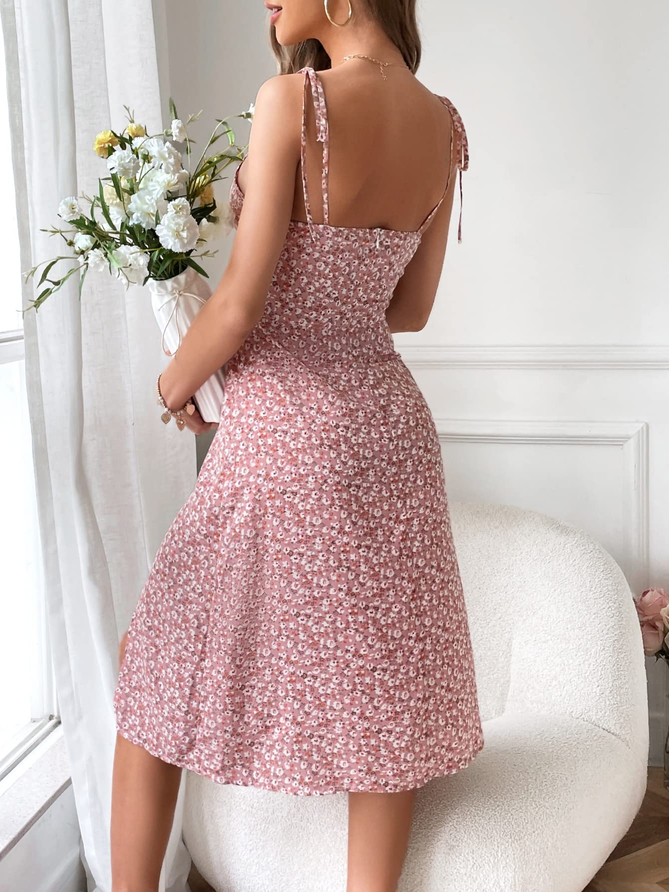 SweatyRocks Women's Floral Print Spaghetti Strap Tie Front Cami Dress with Thigh High Slit - Sexy Summer Mini Dress for Beach, Party & Date Night