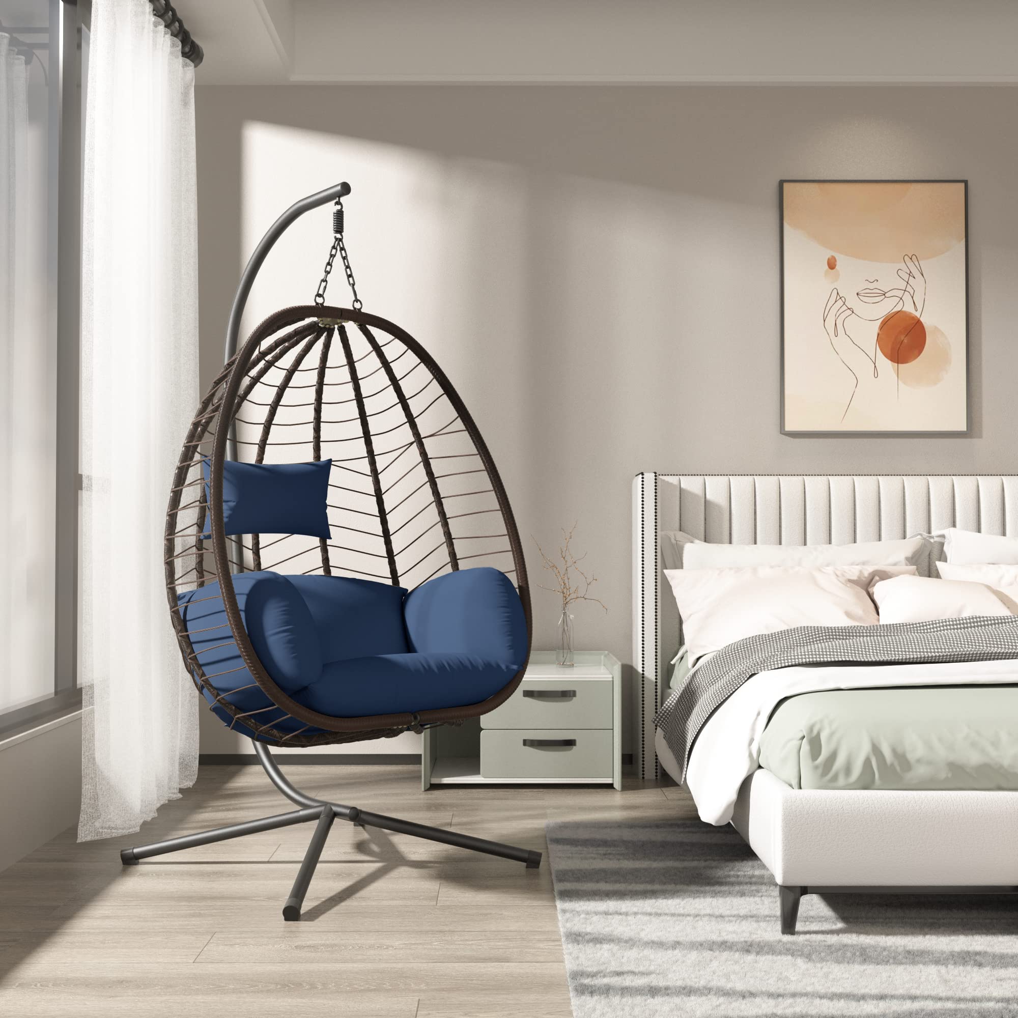 ALAULM Egg Swing Chair - Outdoor Indoor Wicker Rattan Hanging Chair with Stand, 350lbs Capacity, Strong Steel Frame & Dark Blue Cushions - Perfect for Patio, Balcony, Bedroom, Garden Relaxation and Boho Home Decor