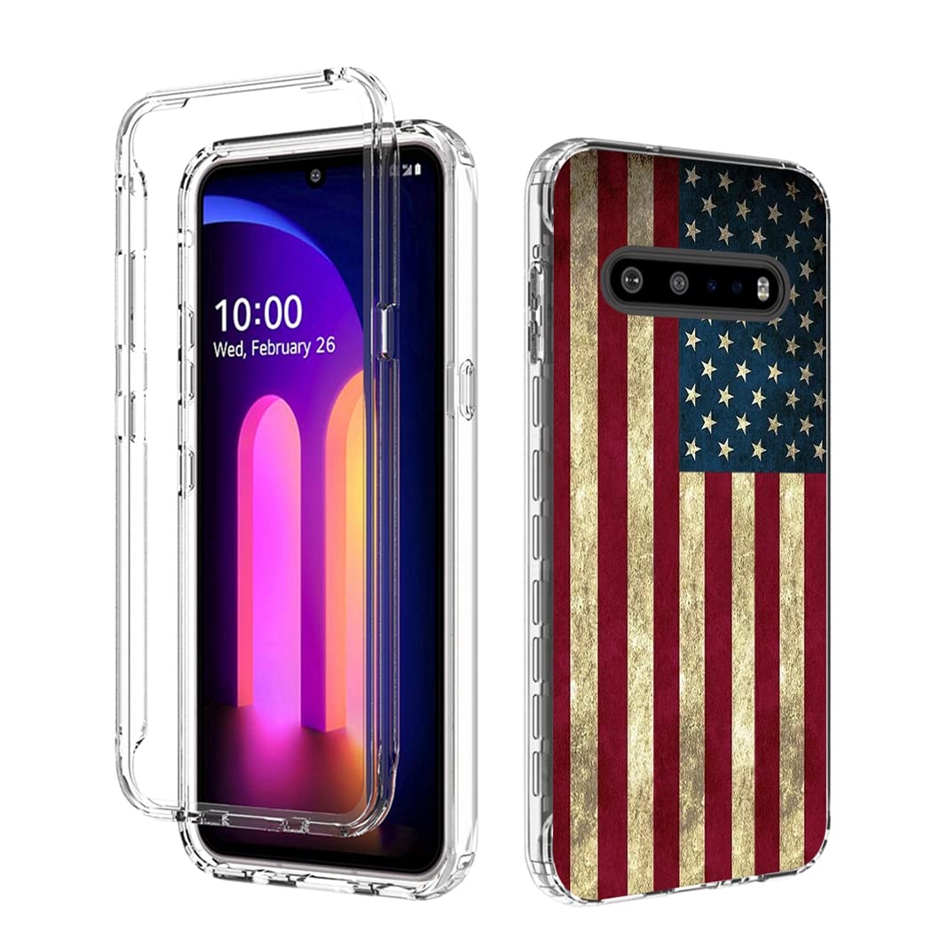 **LG V60 ThinQ 5G Case with Tempered Glass Screen Protector - Clear USA Flag Design, Shockproof Full Body Protective Cover for LG V60/LM-V600 - Perfect for Travel, Work & Everyday Use**