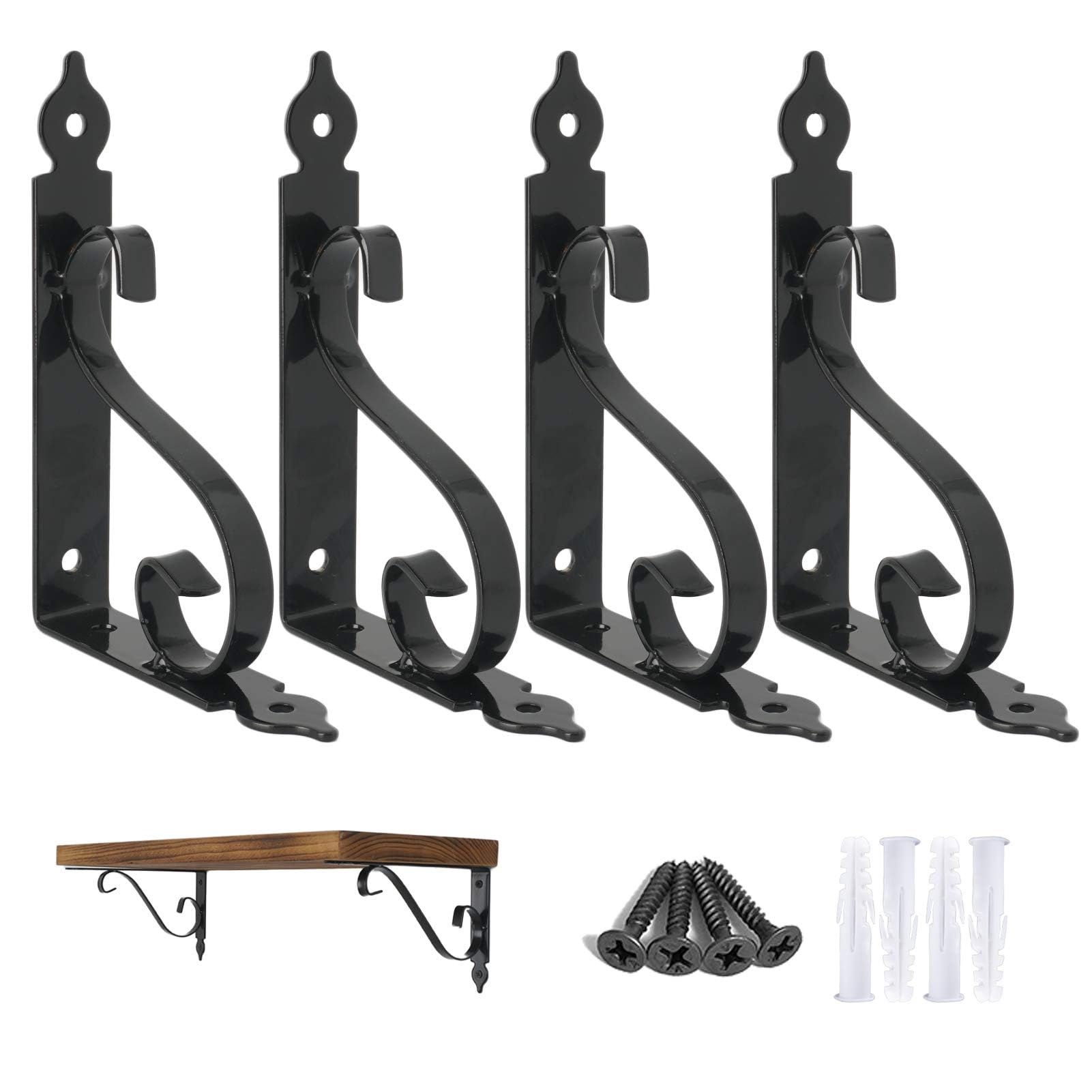 OVOV 4 Pack 6 Inch Black Metal Floating Shelf Brackets - Heavy Duty L-Shaped Wall Mounted Shelving Supports for Home Office, Kitchen & Bathroom Storage