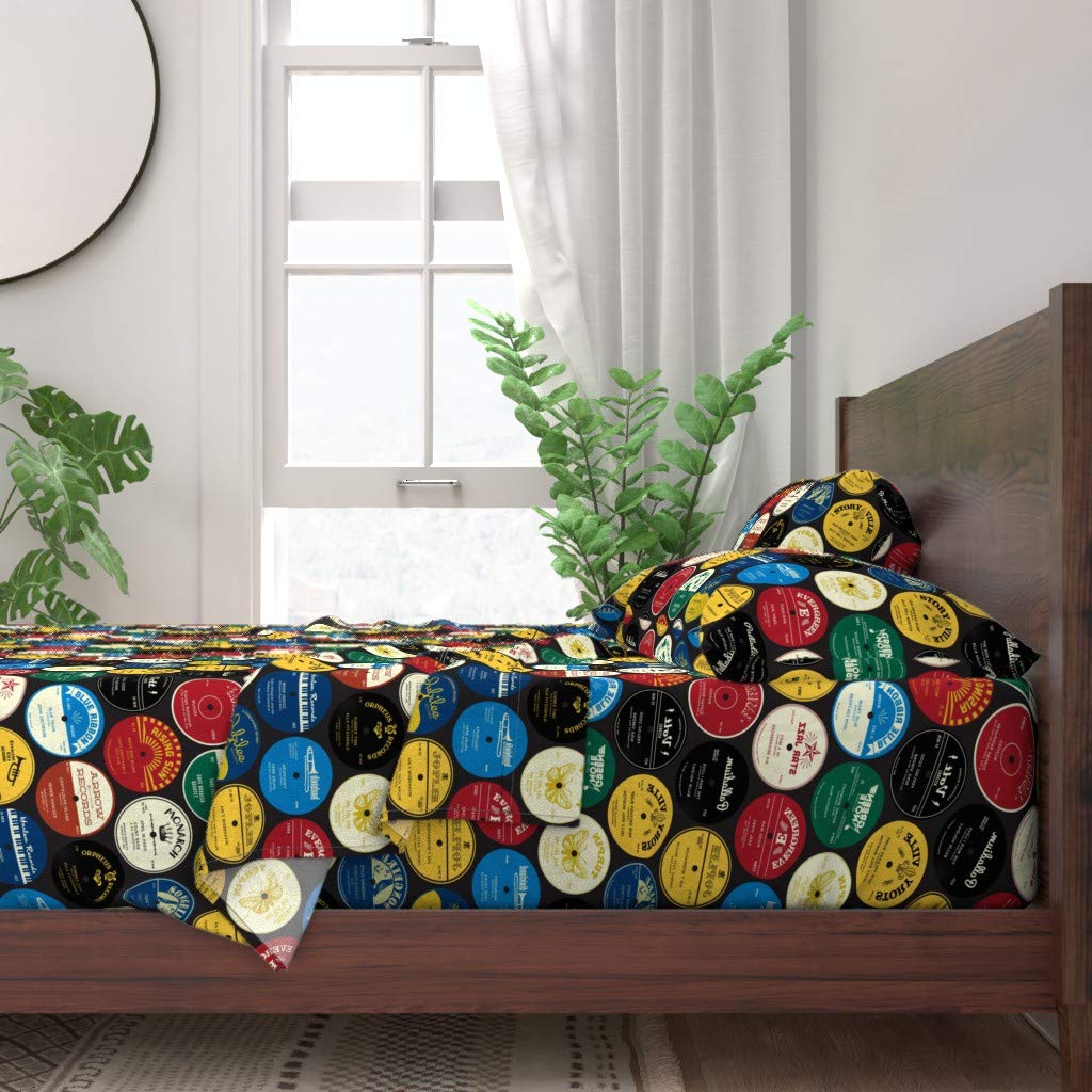 Vintage Record Labels Jazz Motown Retro Rock & Roll Print 100% Cotton Twin 3-Piece Sheet Set | Custom Music Themed Bedding for Jazz Lovers & Music Enthusiasts