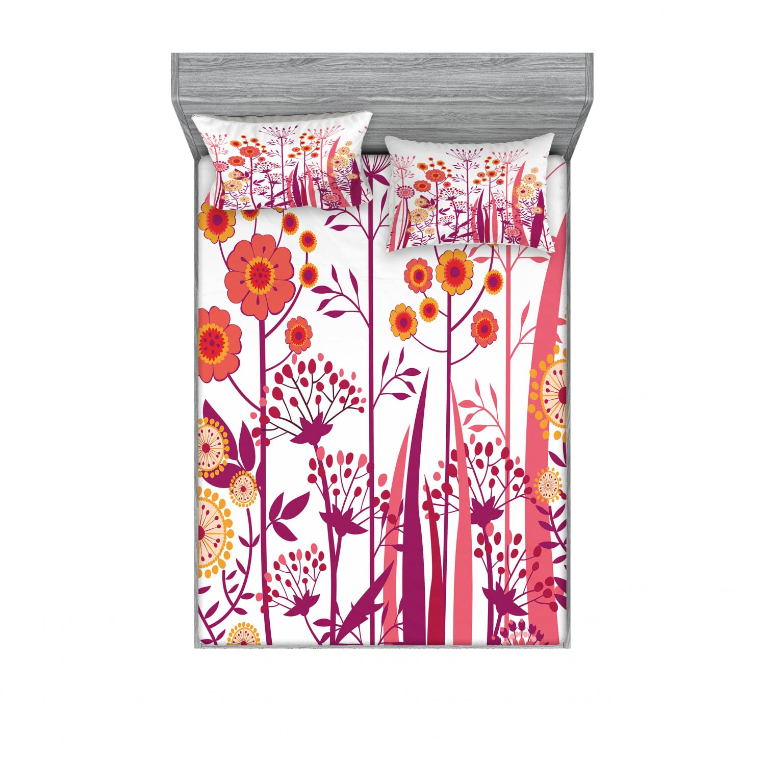 Ambesonne 2-Piece Queen Size Floral Fitted Sheet Set with 4 Pillow Shams - Pink & Orange Botanical Leaf Pattern Bedding for Master Bedroom Decor