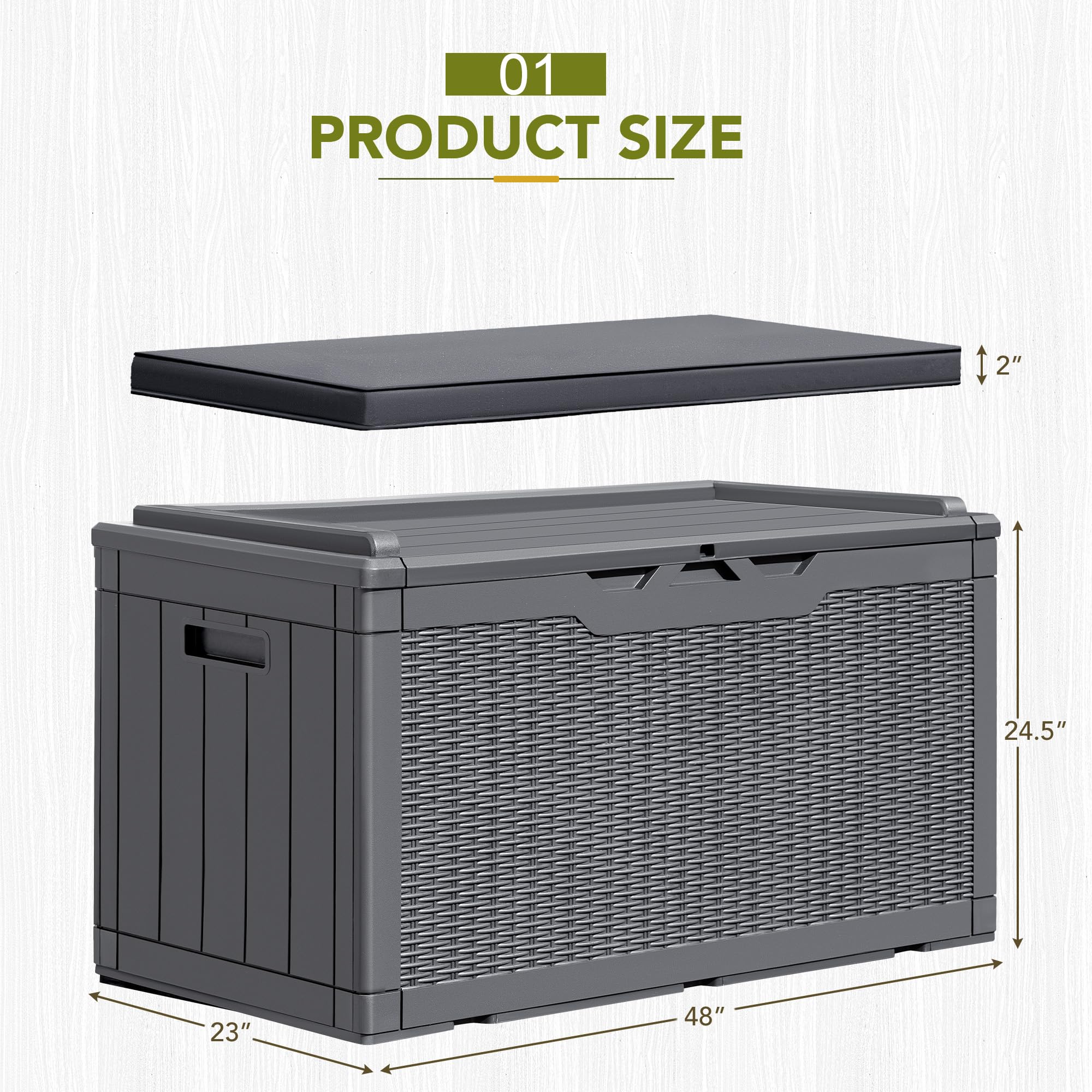 GUNJI 100 Gallon Resin Deck Box with Cushion - Outdoor Weatherproof Storage Container for Patio Furniture, Garden Tools & Pool Accessories - Lockable Large Storage Box for Backyard, Deck & Poolside Organization (Gray)
