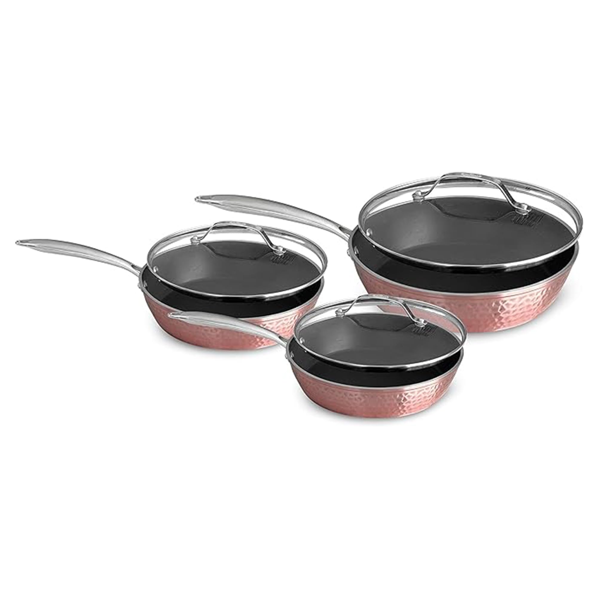 Premium Non-Stick Ceramic 3-Piece Rose Gold Cookware Set with Glass Lids - Lightweight, Scratch & Dishwasher Safe, Oven Safe to 500°F - Compatible with Gas, Electric & Induction Stoves - Perfect for Frying, Sautéing & Everyday Cooking