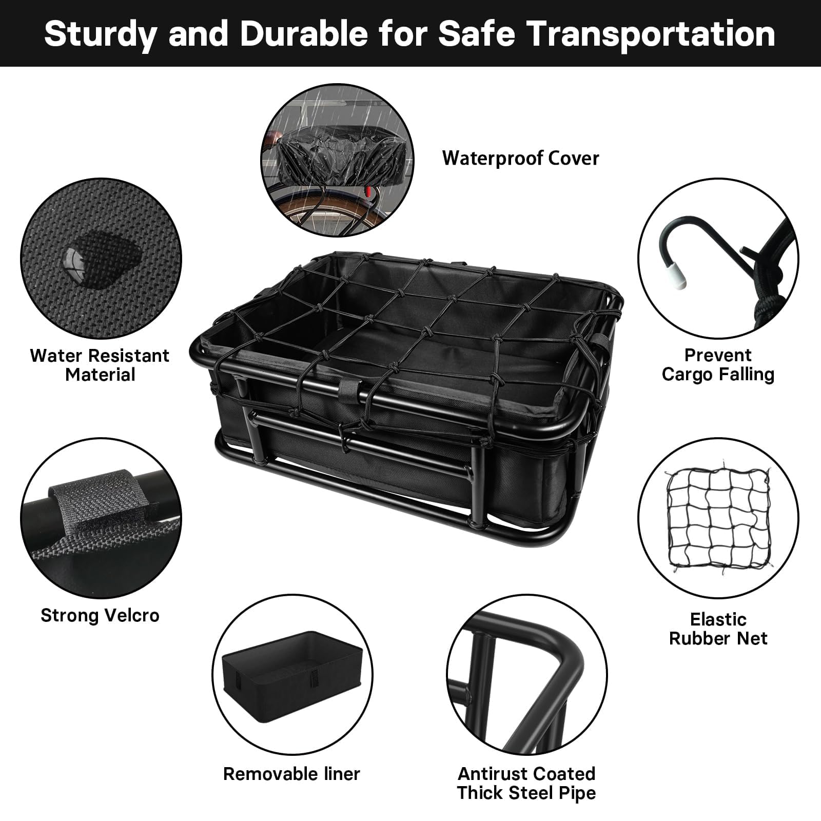 **Heavy Duty Rear Bike Basket with Liner, Elastic Net & Rain Cover – Large Metal Rear Rack Basket for Bicycle, E-Bike & Cargo Bike – Perfect for Commuting, Groceries & Outdoor Adventures**