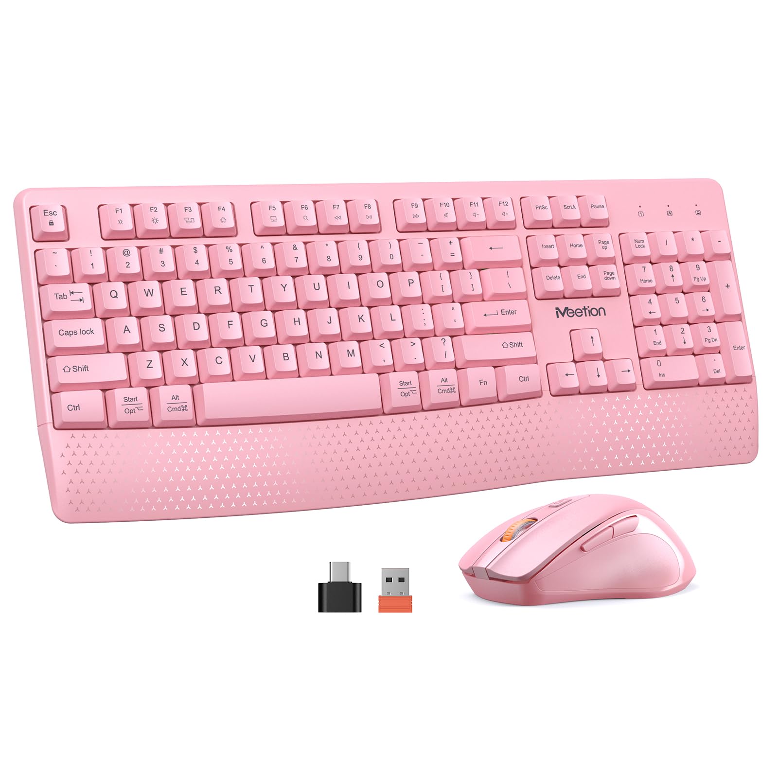 MEETION Wireless Keyboard and Mouse Combo - Full-Sized Ergonomic Keyboard with Wrist Rest & 3 DPI Adjustable Mouse, 2.4G Wireless for PC, Laptop, Windows, Mac (Pink) - Perfect for Office, Gaming, and Home Use