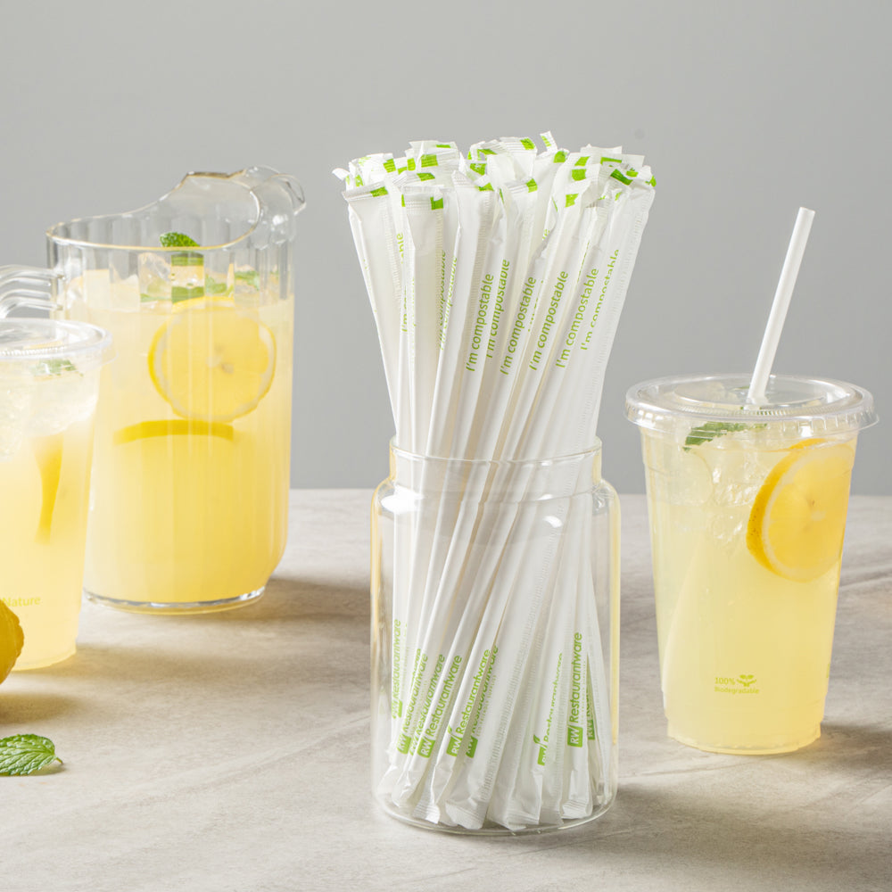 Eco-Friendly Compostable White PLA/PBAT Plastic Straws - 8 1/4