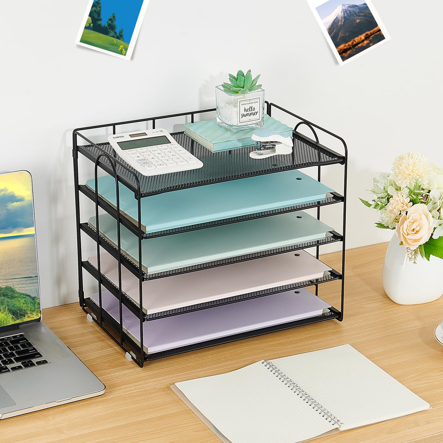 5 Tier Mesh Paper Letter Tray Organizer - Black Desktop Mail Sorter for Office & Home, File Document Holder, Desk Organizer with Storage Compartments | Perfect for Mail Sorting, Bill Organization & Office Supplies Storage