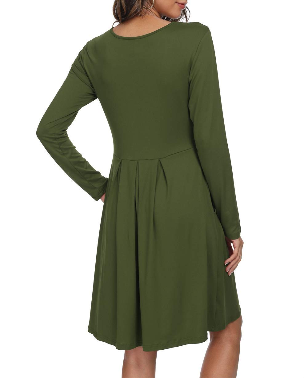 DouBCQ Women's Casual Long Sleeve Pleated Maxi Dress with Pockets - Elegant Flowy Fall Dress for Work, Date Night & Autumn Outings