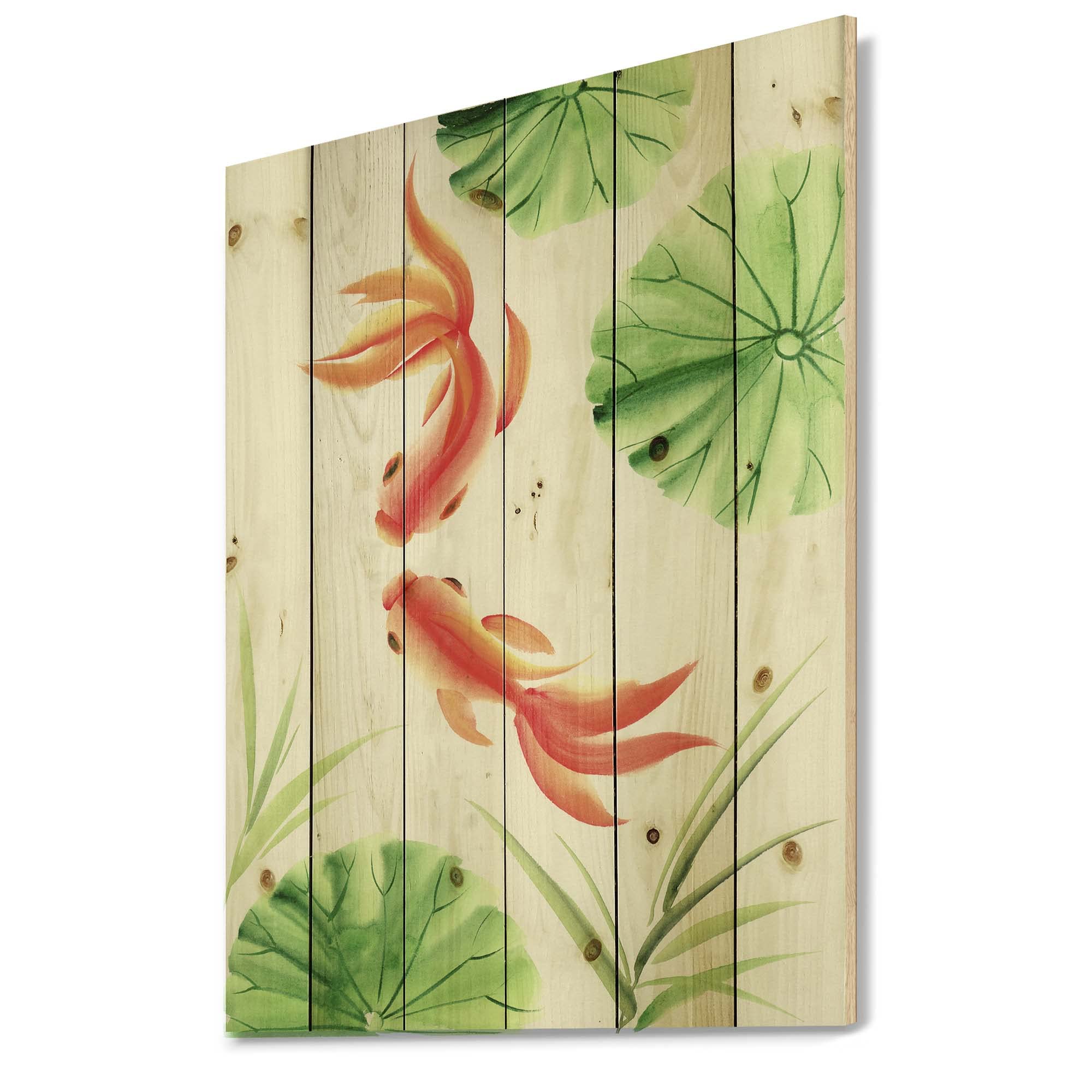 Goldfish Among Lotus Leaves Wood Wall Art - Nautical & Coastal Home Decor, Large Animal Print on Natural Pine Wood Panel | Perfect for Living Room, Bedroom & Beach House Decor