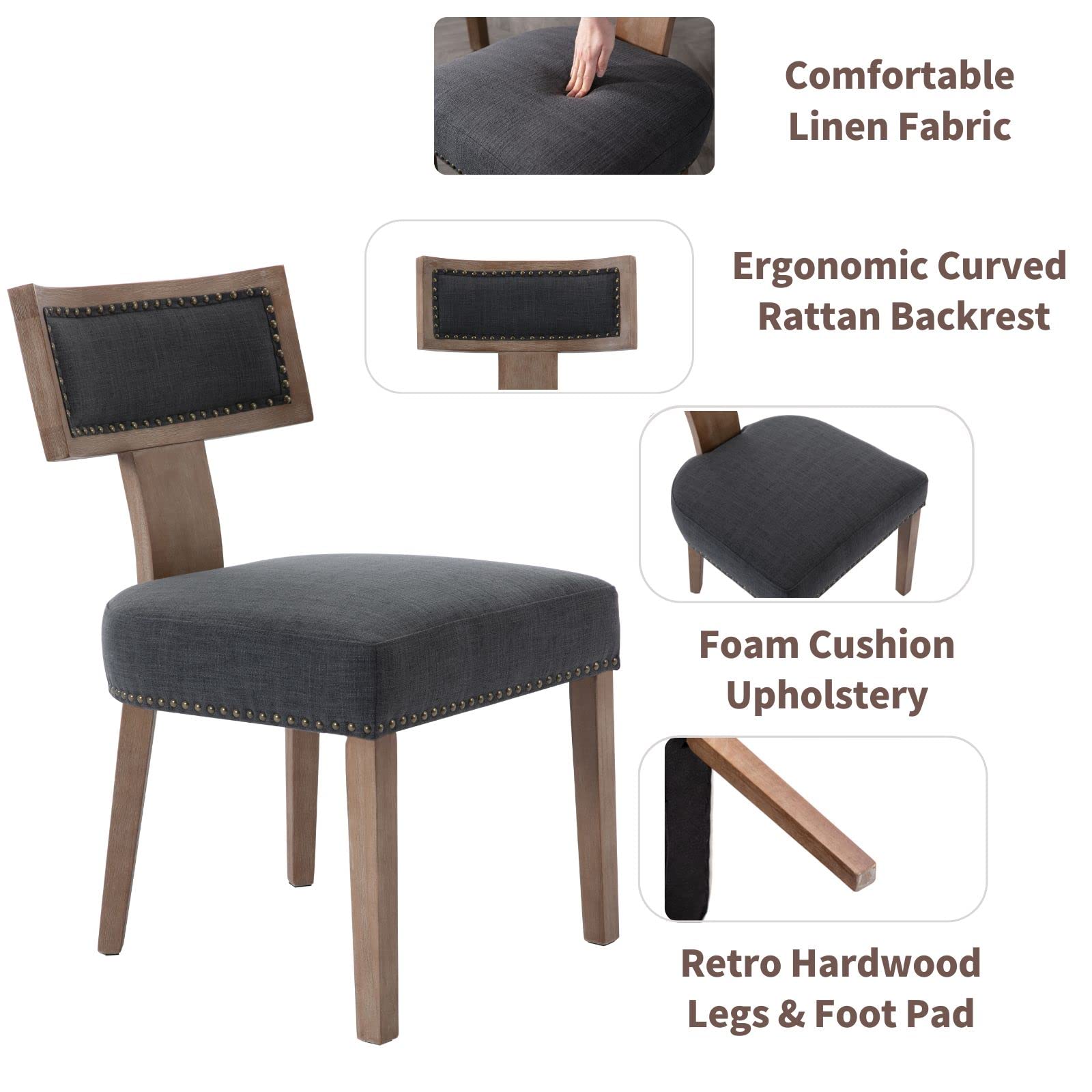 Mid Century Modern Dining Chairs Set of 4 - Farmhouse Style Linen Upholstered Accent Chairs with Curved Nailhead Trim & Hardwood Frame in Charcoal - Perfect for Kitchen, Dining Room, Breakfast Nook and Farmhouse Decor