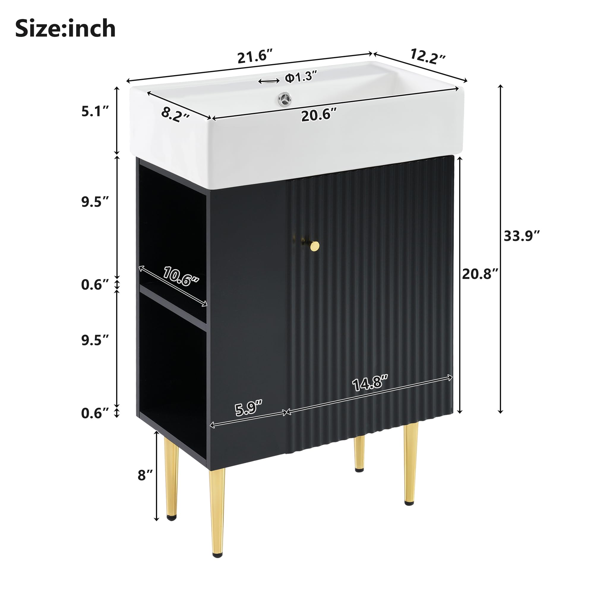 21.6 Inch Modern Bathroom Vanity Set with Ceramic Sink - Space-Saving Left Side Storage Cabinet - Black Bath Vanity Combo for Small Bathrooms | Perfect for Apartments, Powder Rooms & Guest Baths