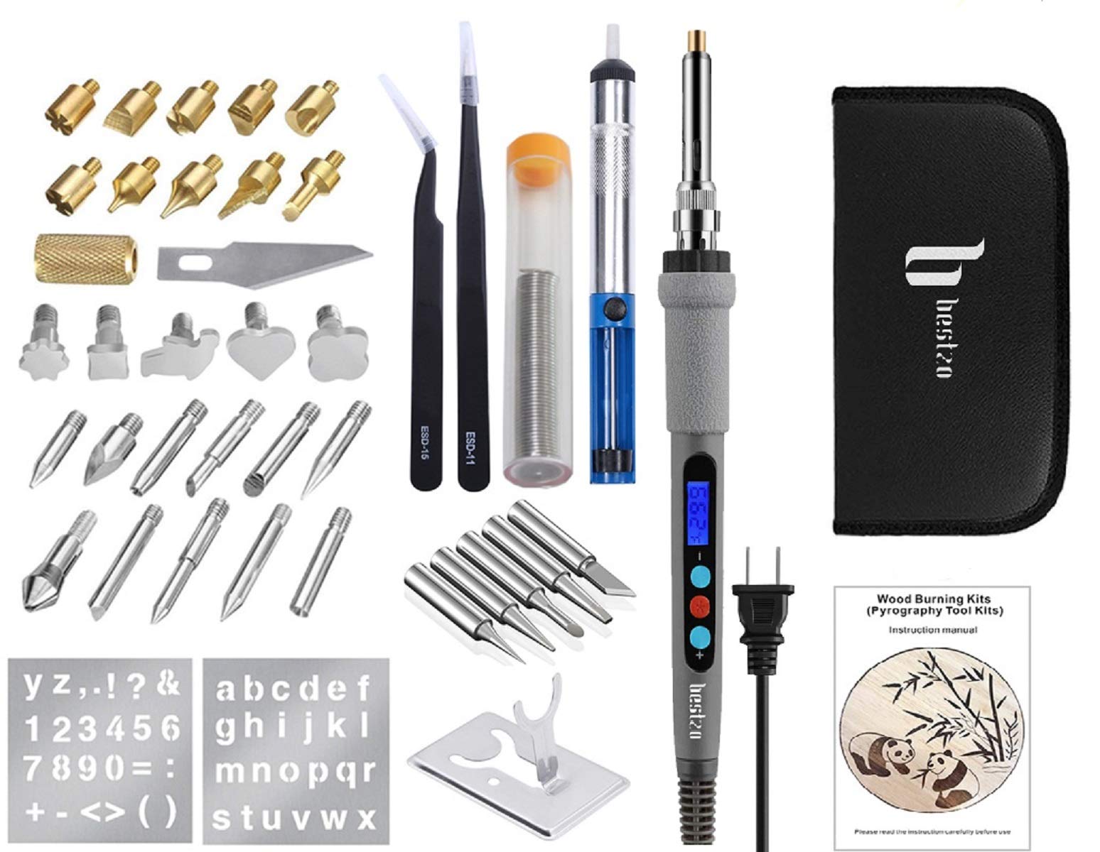 BESTZO Upgraded LCD Wood Burning Kit with Soldering Iron - Professional Pyrography Tool Set with Wood Burning Pen, Embossing & Carving Tips, Manual & Carrying Case (Grey) - Perfect for DIY Wood Crafts, Leather Branding, and Creative Art Projects