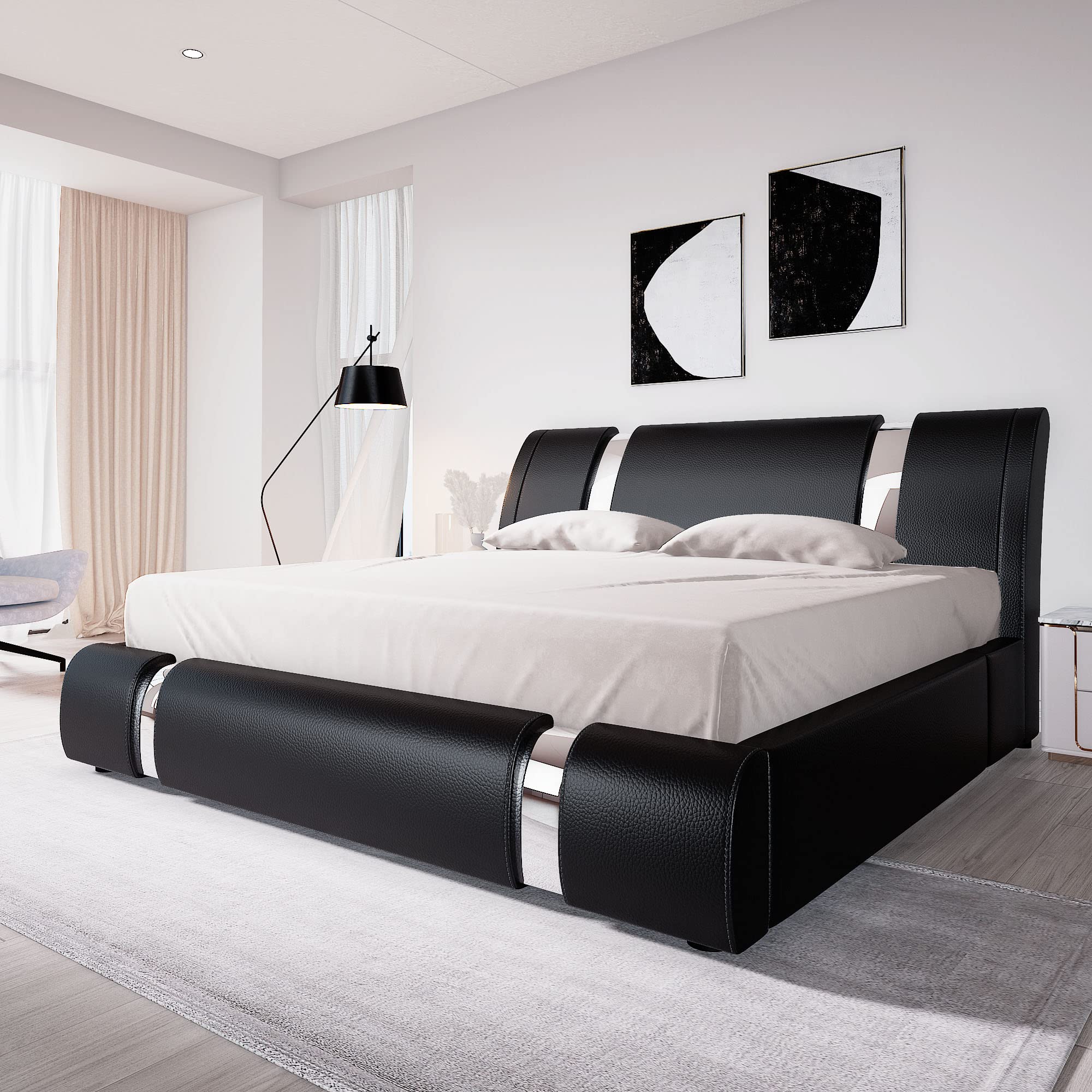 Allewie Full Bed Frame with Iron Piece Decor - Faux Leather Upholstered Platform Bed with Adjustable Headboard & Sturdy Wooden Slats, No Box Spring Needed, Black - Perfect for Modern Bedrooms, Guest Rooms & Small Spaces