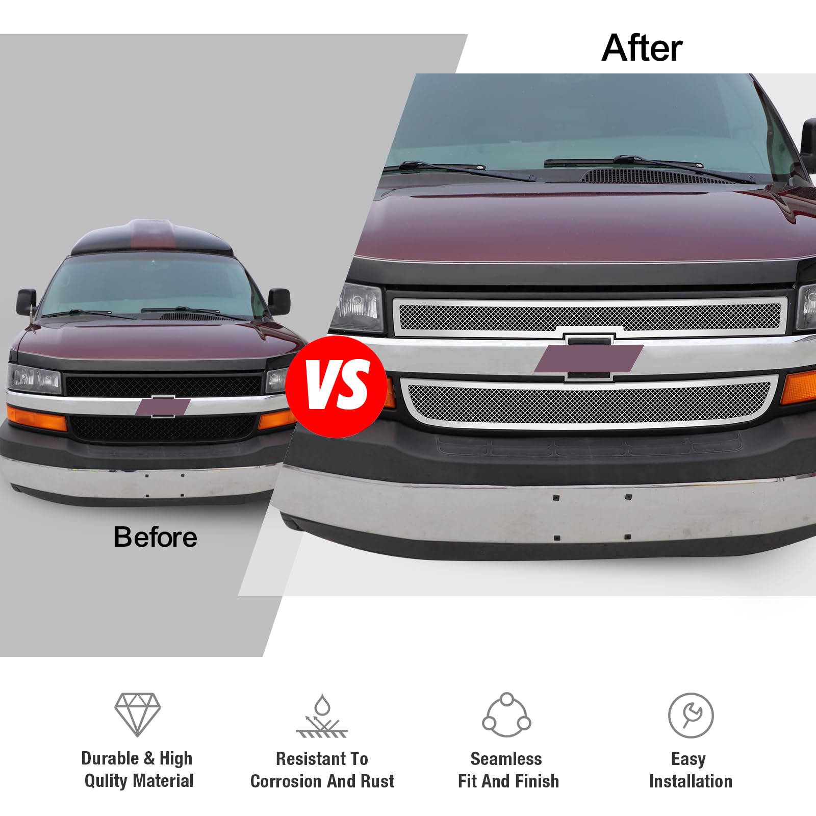 APS Compatible with Chevy Express Van 2003-2020 Stainless Steel Chrome Mesh Front Grille Insert C76436T - Upgrade Your Van's Style for Street & Show Car Appearance