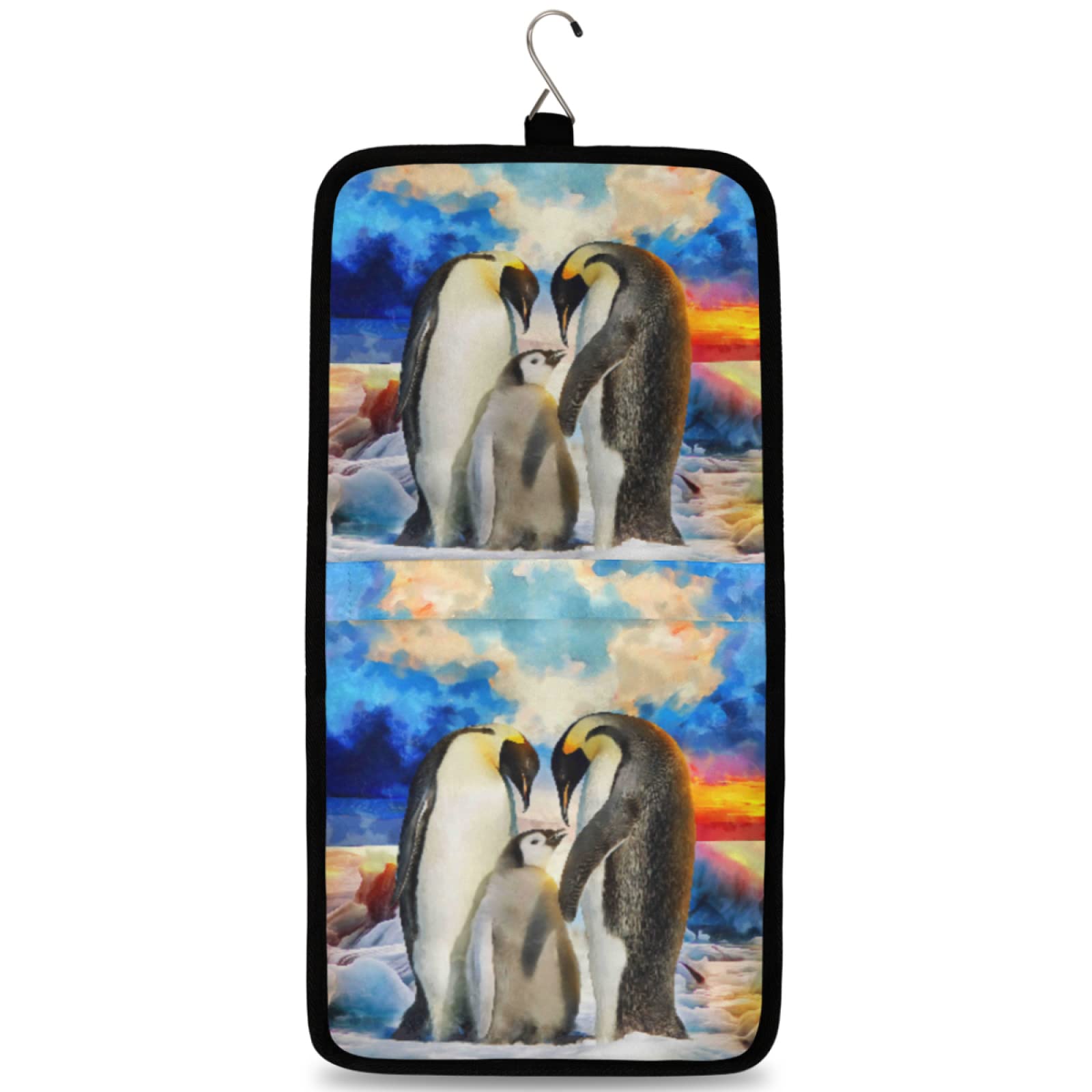 Waterproof Hanging Toiletry Bag for Travel - Multifunctional Cosmetic Organizer with Sturdy Hook | Perfect for Camping, Gym & Beach (Penguin Sunset Design)