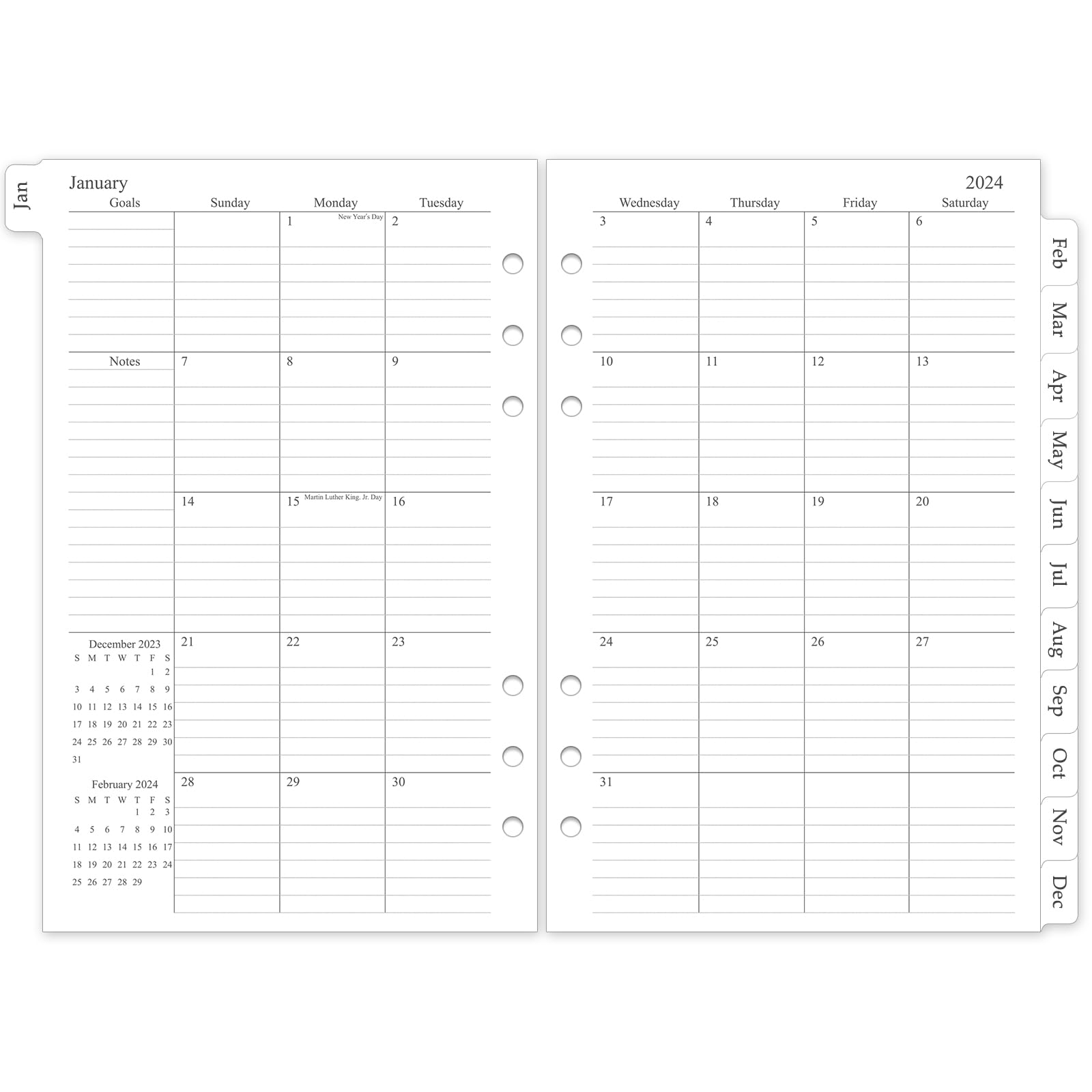 2024-2025 Monthly Planner Refill - A5 6-Hole Planner Inserts (Jan 2024-Jun 2025) | 18 Monthly Calendars with Tabs | 5.5