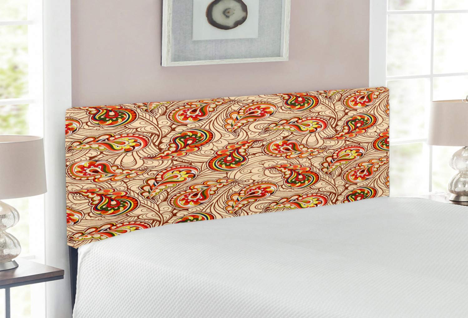 Ambesonne Fall Headboard - Paisley Design Leaves Folkloric Art Inspired Upholstered Metal Bed Headboard with Memory Foam, Full Size, Red Beige - Perfect for Bohemian & Eclectic Bedroom Decor