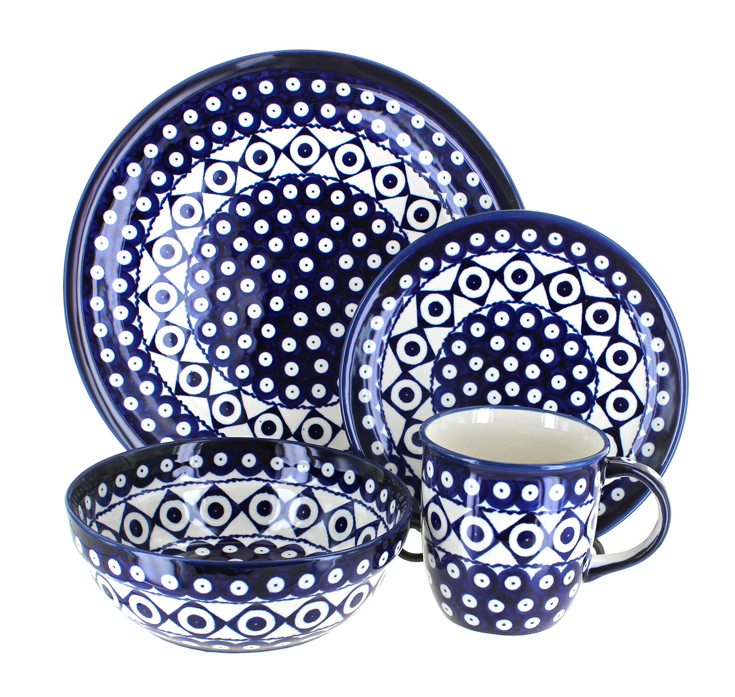 Blue Rose Polish Pottery Xandra 16-Piece Dinnerware Set - Elegant Floral Design for Formal Dining, Entertaining & Special Occasions