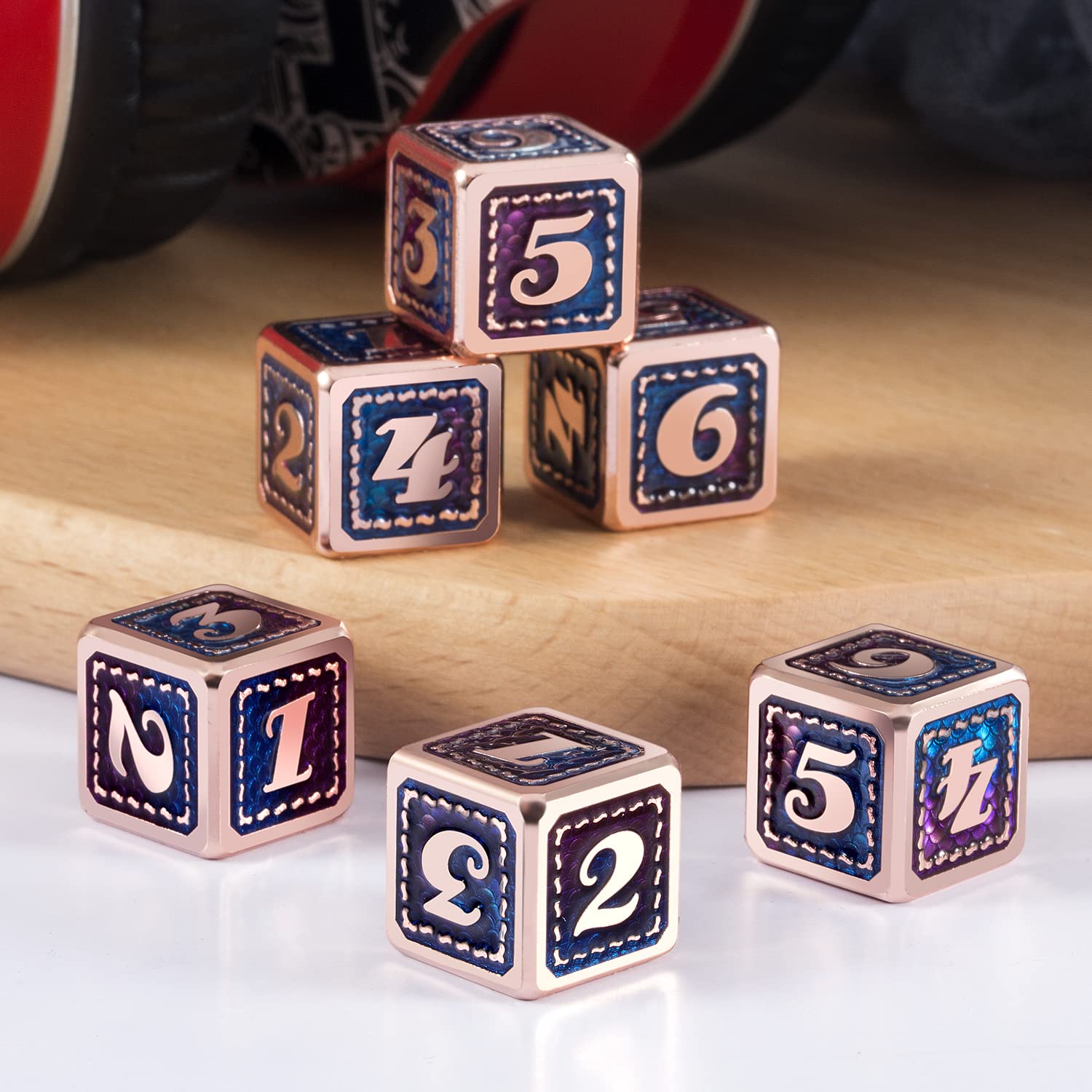 DNDND Dragon Scale D6 Dice Set - 6 PCS Metal RPG Dice with Copper Edge for Dungeons & Dragons, Pathfinder, Shadowrun, GURPS | Teal & Purple with Free Black Velvet Bag | Perfect for Tabletop Gaming, Roleplaying Adventures & Collectors