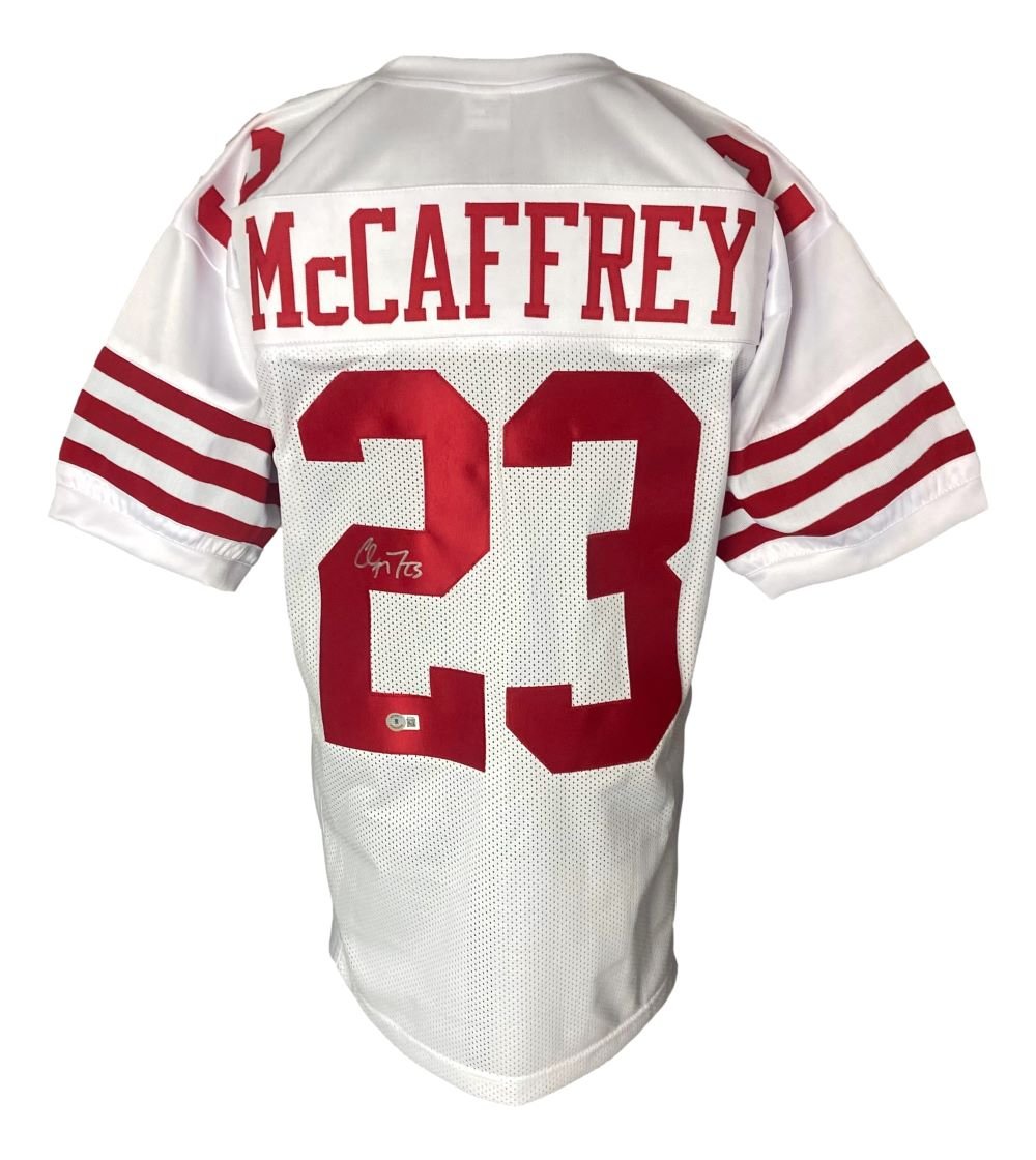 Authentic Christian McCaffrey San Francisco 49ers Signed White Football Jersey - Limited Edition Collectible for NFL Fans, Sports Memorabilia & Home Decor