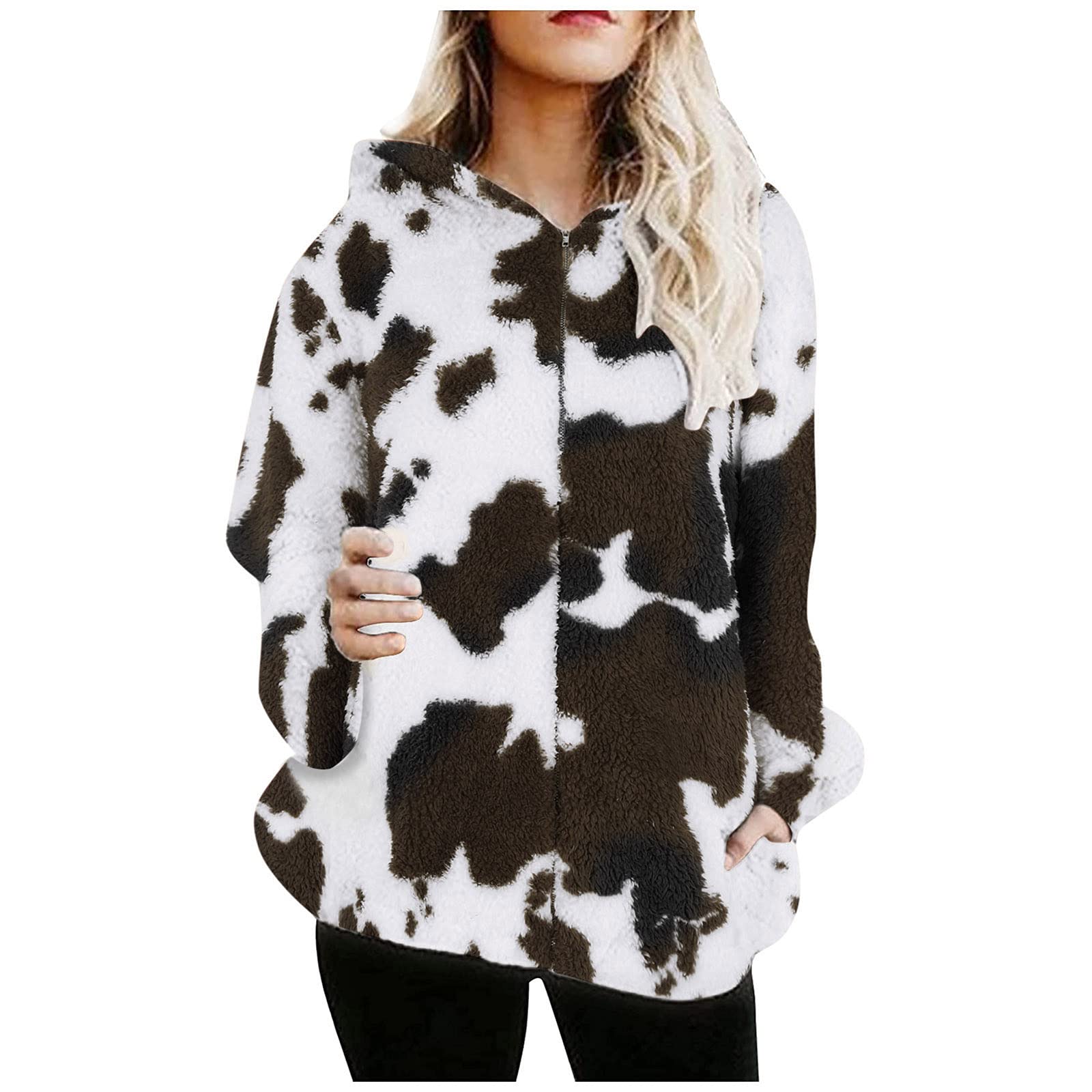 Women's White Plush Zipper Coat with Milk Print - Fashionable Winter & Autumn Thickened Jacket for Casual Outings and Cold Weather Wear