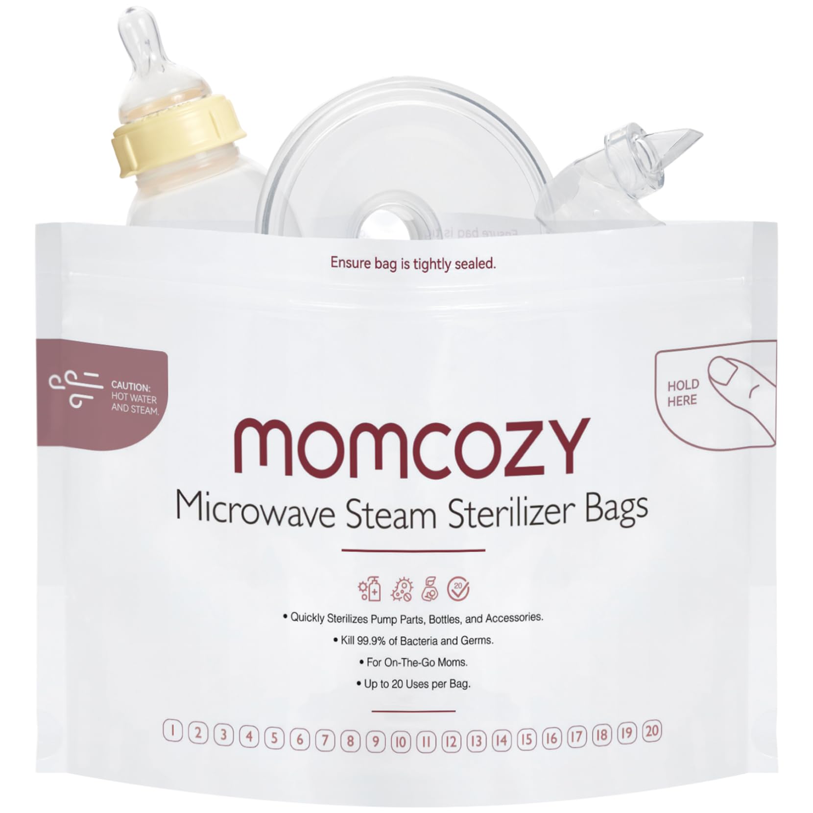 Momcozy Microwave Steam Sterilizer Bags - 2 Pack Reusable Sterilizing Pouches for Breast Pump Parts & Baby Bottles (20 Uses per Bag) | Compatible with Momcozy S9 Pro/S12 Pro/V1/V2 | Perfect for Travel, Daycare & On-the-Go Sterilization