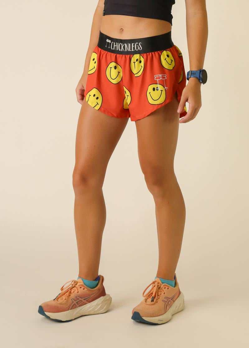 Women's Smiley 1.5 Inch Split Running Shorts - High Waisted Athletic Shorts for Yoga, Gym & Summer Workouts