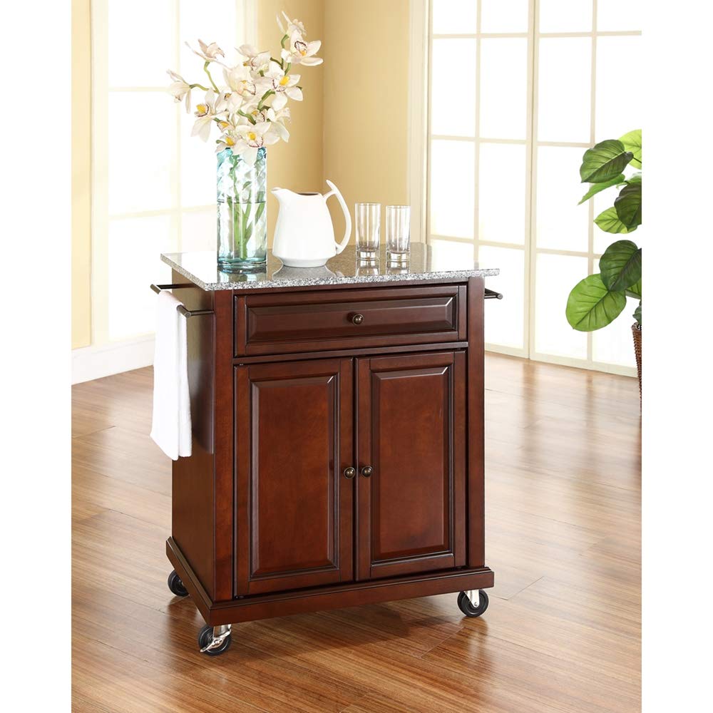 Crosley Compact Granite Top Rolling Cart with Shelves - Black Microwave Stand with Towel Rack for Kitchen, Bathroom, or Office Storage