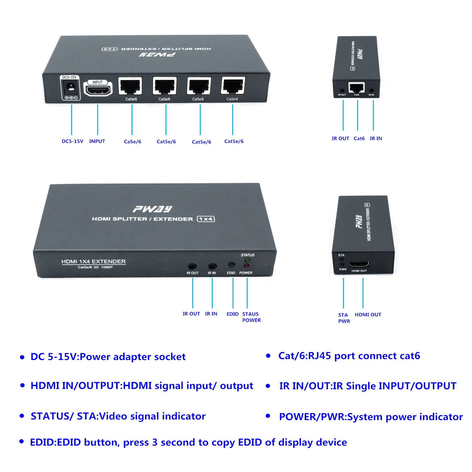 4K HDMI Splitter Extender 1x4 Over Cat5e/Cat6 - 60m (196ft) Range, IR Remote, Zero Delay, 1080P/4K Support - Perfect for Home Theater, Conference Rooms & Multi-Screen Setups