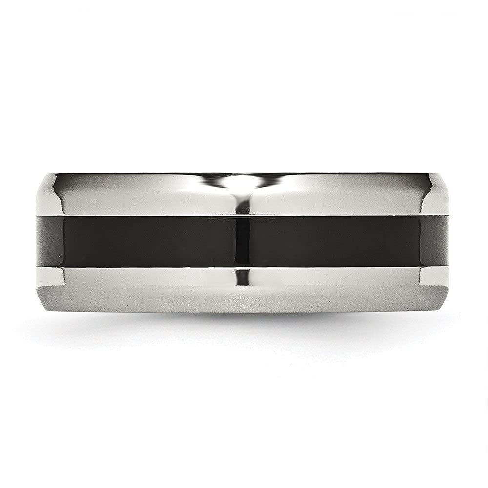 Diamond2Deal 8mm Stainless Steel Black Enamel Polished Beveled Edge Band Ring for Men & Women - Perfect for Weddings, Anniversaries, and Everyday Fashion Jewelry