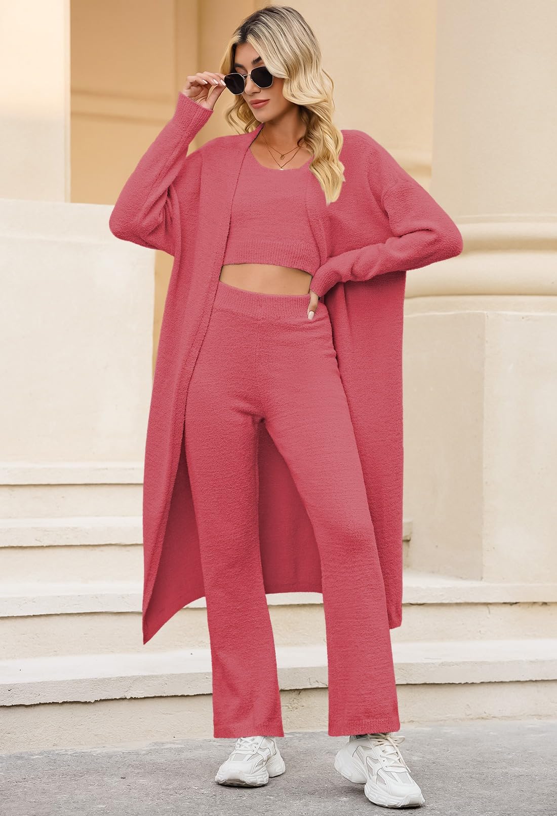 Women's Soft Fuzzy 3-Piece Sweatsuit Set - Open Front Cardigan, Crop Tank Top & Wide Leg Lounge Pants | Cozy Loungewear for Home, Yoga & Casual Outfits