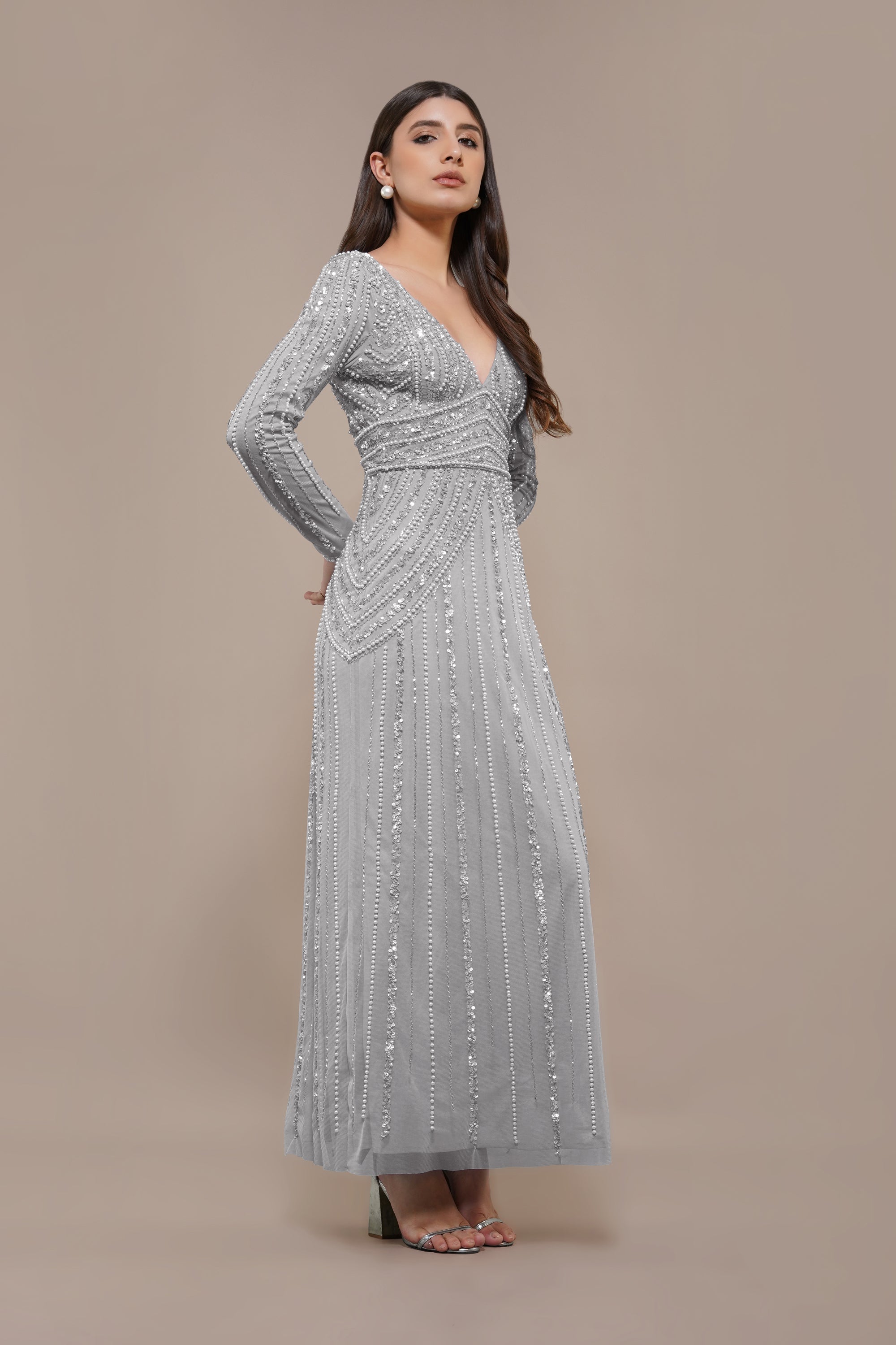 Elegant Light Grey Cordelia Embellished Maxi Dress for Women | Formal Evening Gown with Floral Details | Perfect for Weddings, Parties & Special Occasions