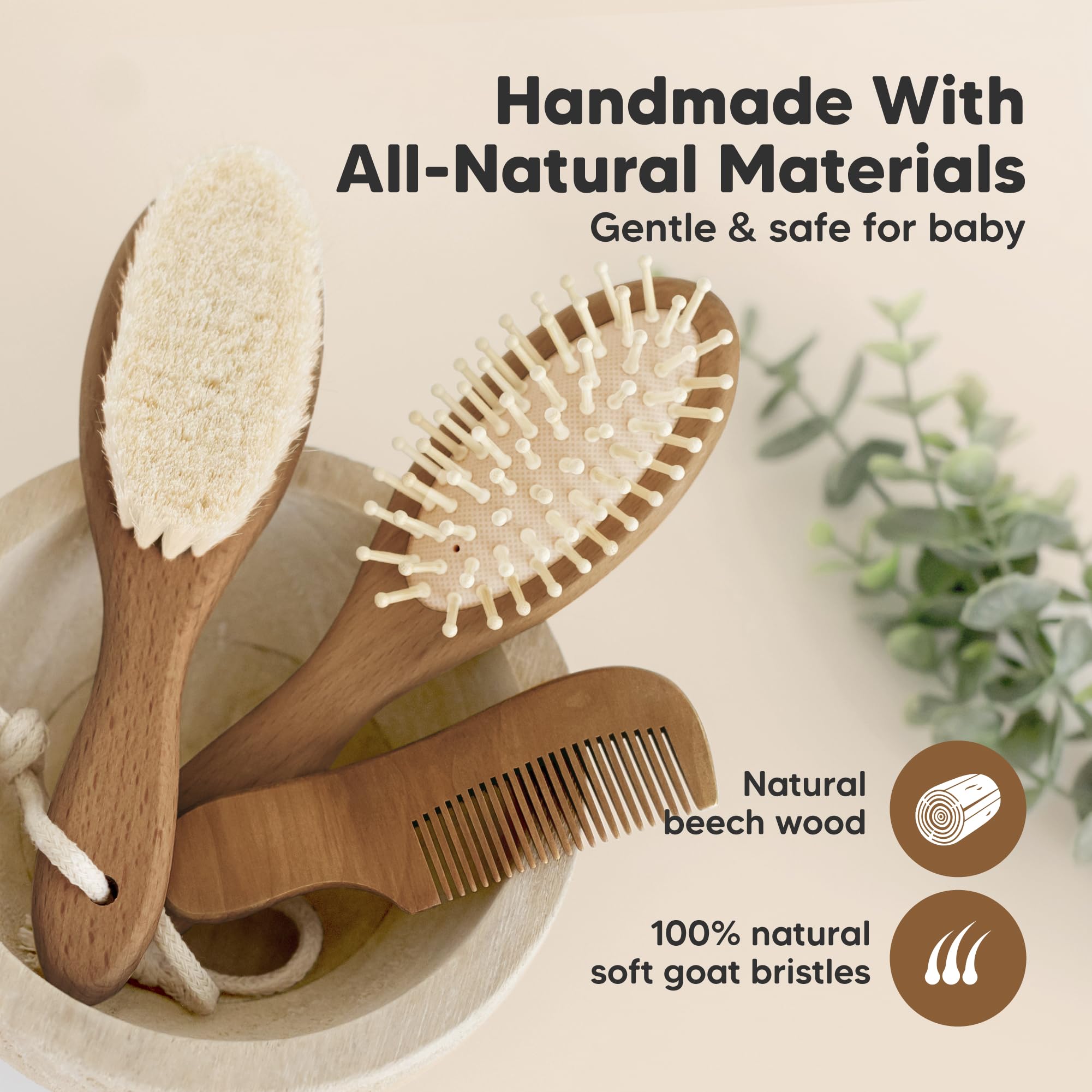 Wooden Baby Hair Brush & Comb Set for Newborns - Soft Goat Bristle for Gentle Hair Care at Home