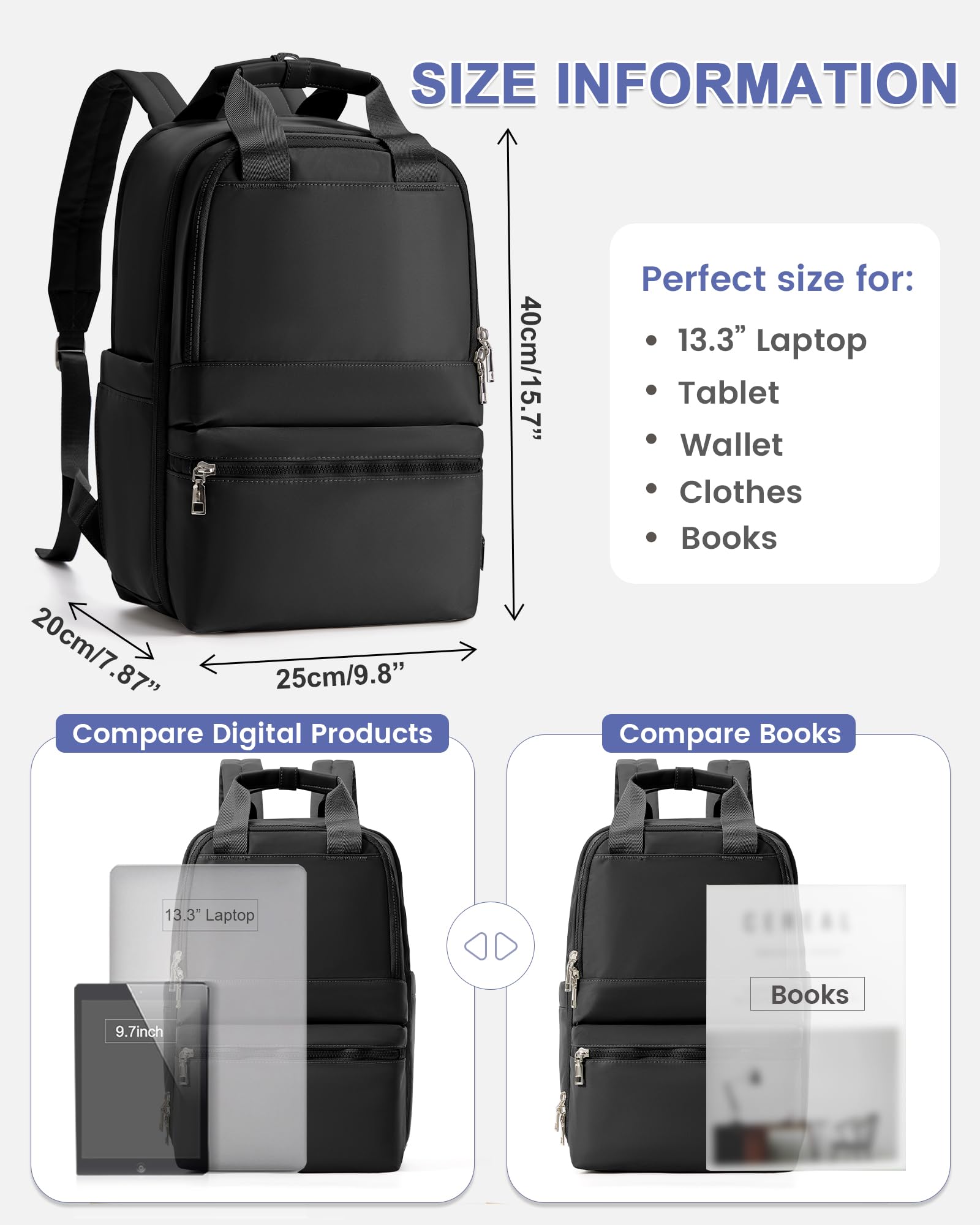 Lightweight Black Travel Backpack for Women & Men - Compact Carry-On Backpack for Airplanes, Perfect as Personal Item Bag - Ideal for Nurses, Teachers, Business Travel & Daily Commute - Durable Airplane Travel Backpack with USB Charging Port (Great for Work, School & Weekend Getaways)