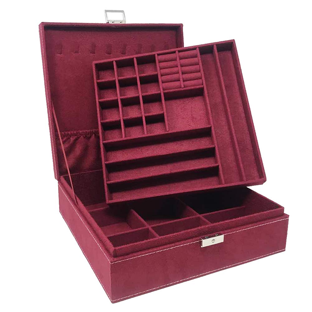 Magik Two-Layer Velvet Jewelry Box Organizer with Lock - Extra Large (10.23''x10.23''x3.15'') Burgundy - Perfect for Necklace, Ring & Earring Storage | Jewelry Display Case for Dresser, Vanity & Travel