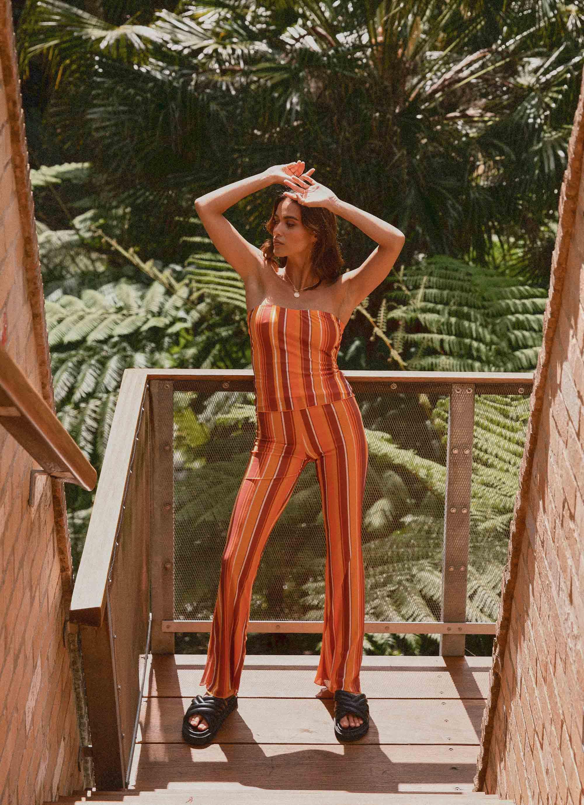 Golden Hour Stripe Pants - Women's High Waisted Casual Trousers for Sunset Photography, Beach Walks & Evening Outfits