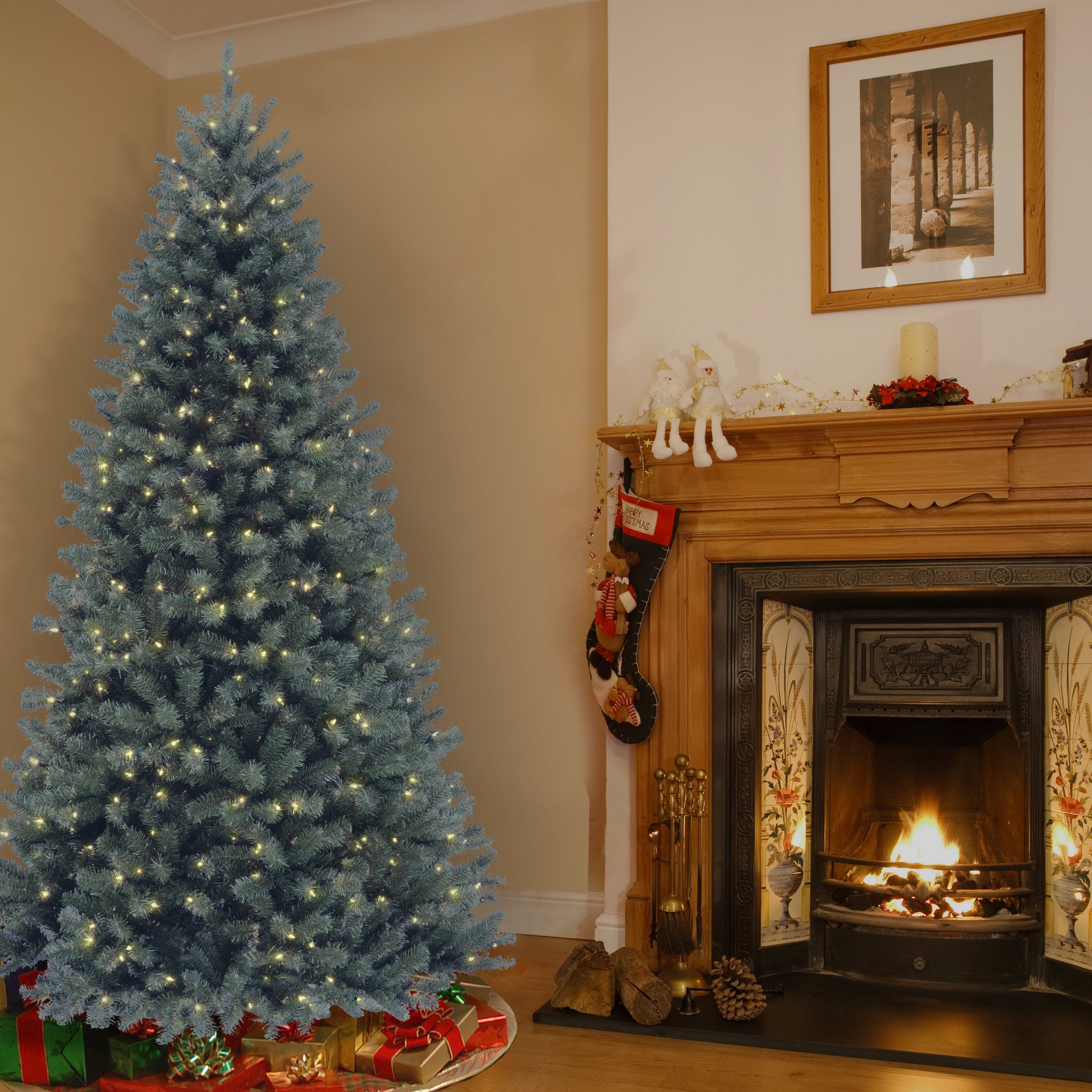 7 ft. Pre-Lit North Valley Spruce Blue Artificial Christmas Tree with 500 Clear LED Lights - Perfect for Holiday Home Decor, Living Room, Office & Party Decoration