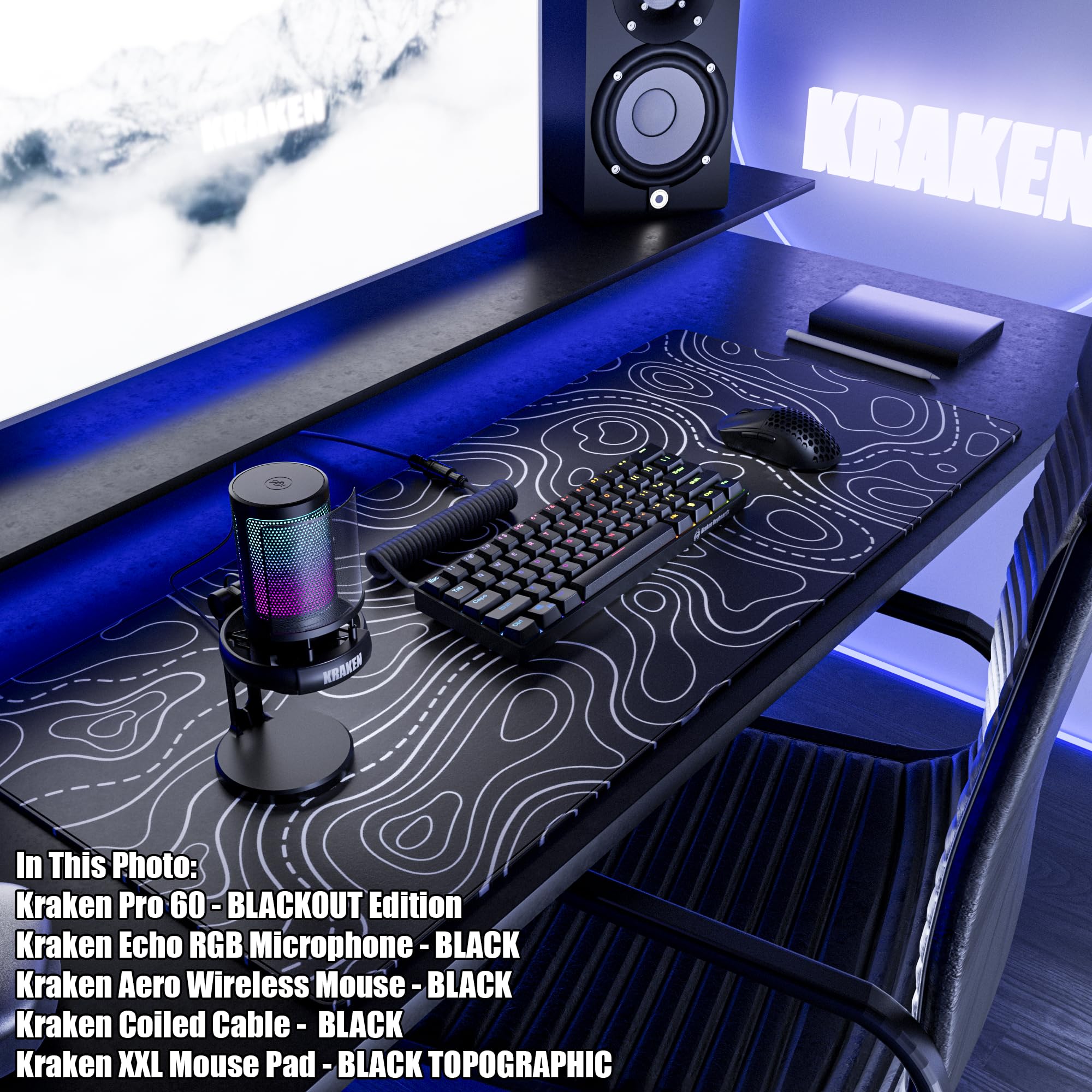 Kraken Keyboards XXL Topographic Gaming Mouse Pad - Extra Large Black & White Desk Mat for Keyboard & Mouse - Thick Non-Slip Artisan Mousepad for PC Gaming & Office Work (Black Topographic Design) - Perfect for Gamers, Graphic Designers & Home Office Setup