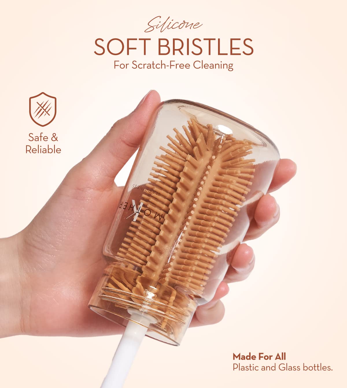 MOTHER-K Rotating Silicone Bottle Brush Set - 2-in-1 Cleaning Brush for Baby Bottles, Sports Water Bottles, Vases & Glassware - Safe & Durable Brown Silicone Scrubber for Easy Cleaning at Home or Travel