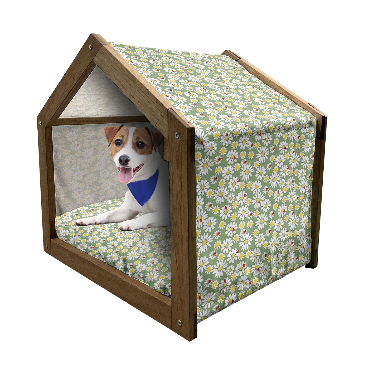 Ambesonne Ladybug Wooden Pet House - Daisy Floral Design Indoor/Outdoor Portable Dog Kennel with Pillow & Cover, Small Size in Fern Green, Yellow & White | Perfect for Cottage Gardens, Patios & Cozy Home Spaces