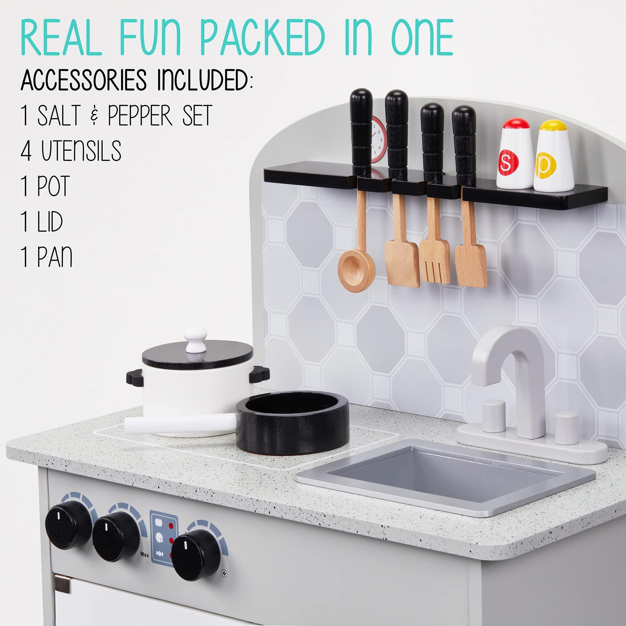 Lil' Jumbl Kids Pretend Kitchen Playset - Wooden Play Kitchen Toy with Realistic Setup, Includes Pot & Pan, 4 Utensils, Salt & Pepper Shaker (Gray) - Perfect for Imaginative Play, Role-Playing & Early Learning at Home or Preschool