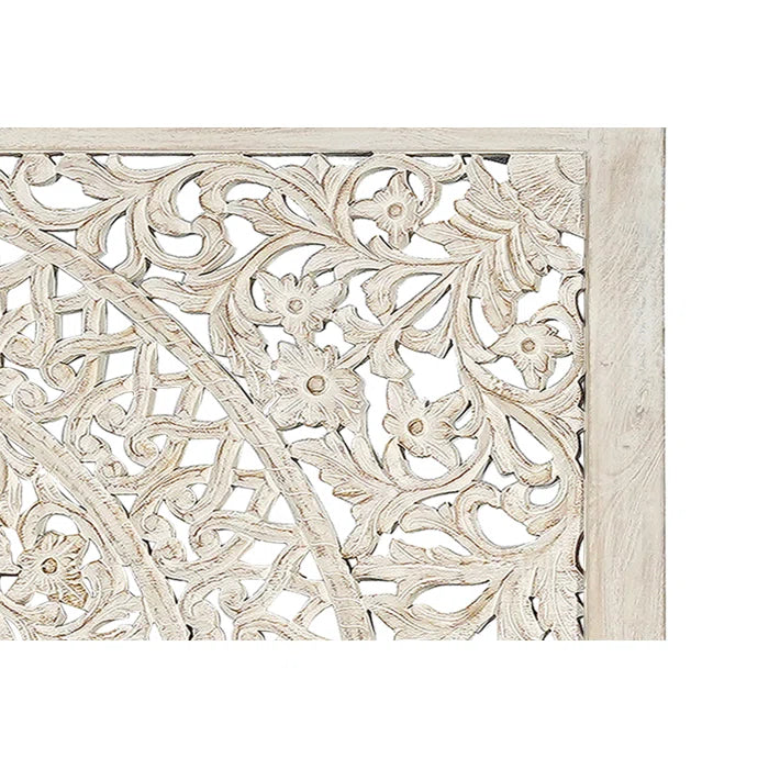 Dynasty Hand Carved Solid Wood Low Profile Standard Bed Frame - White Queen Size | Modern Minimalist Bedroom Furniture for Small Spaces & Loft Apartments