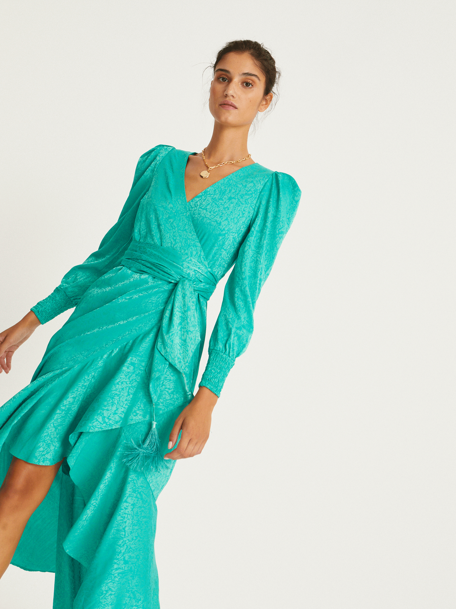 Grace Women's Green Jacquard Long Sleeve Wrap Dress - Elegant Formal & Office Wear for Business Occasions